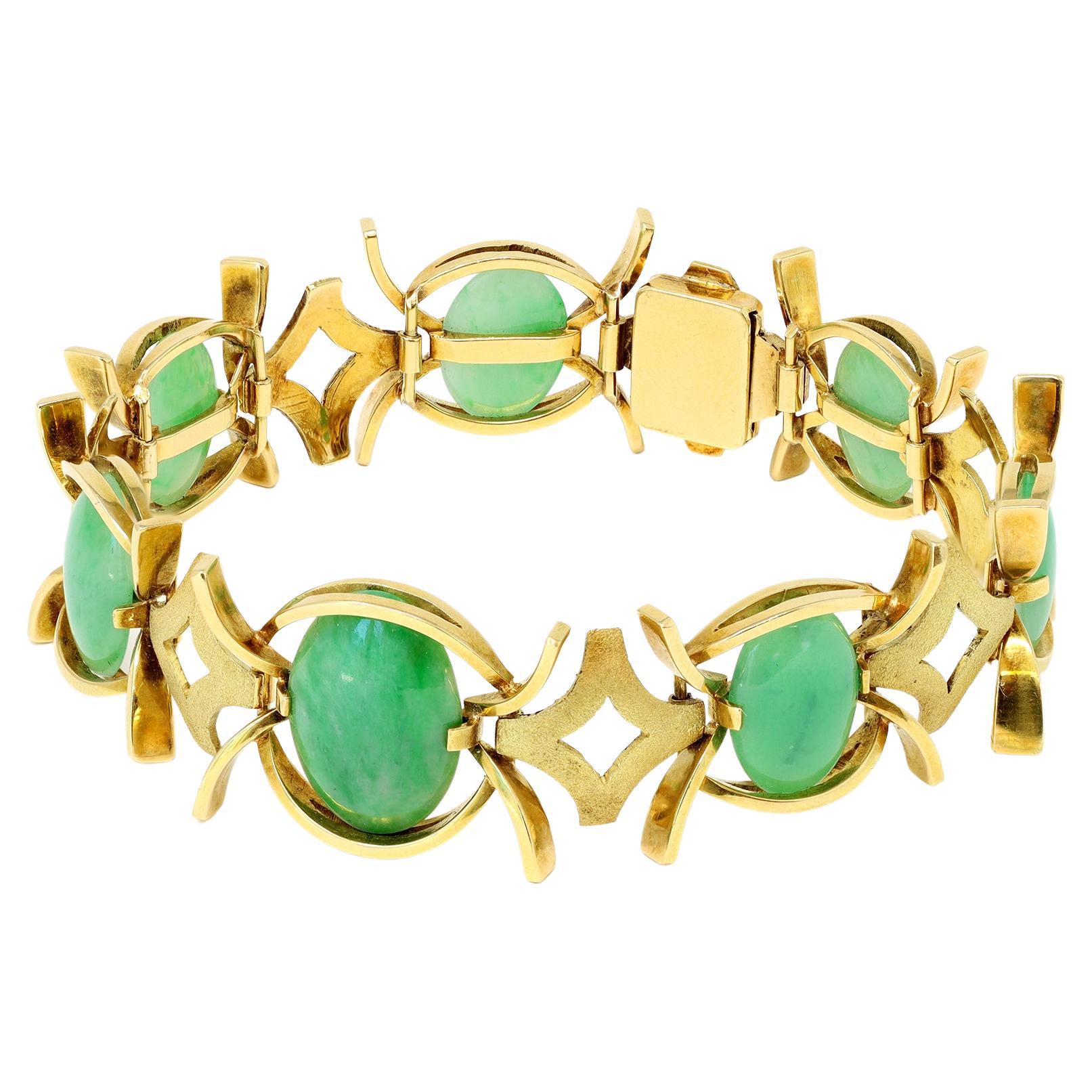 Natural Jadeite jade Cabochon and 18k Gold Bracelet For Sale