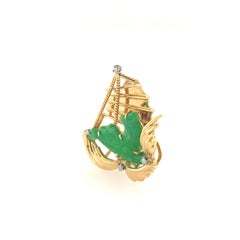 Natural Jadeite Jade Carved Chinese Sailboat and Diamond Gold Brooch