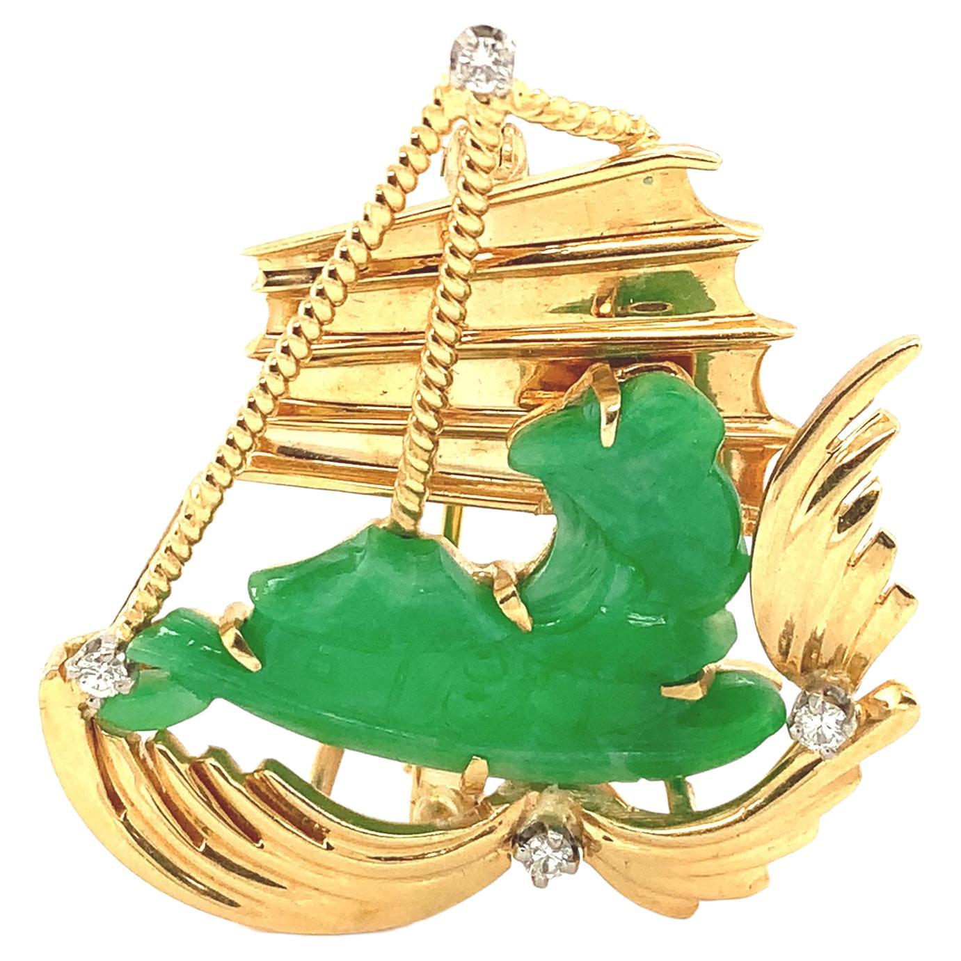 Natural Jadeite Jade Carved Chinese Sailboat and Diamond Gold Brooch