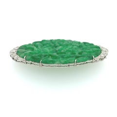 GIA Certified Natural Jadeite Jade Carved Floral and Diamond Platinum Brooch