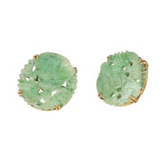 Natural Jadeite Jade Carved Round Tablet Gold Earrings