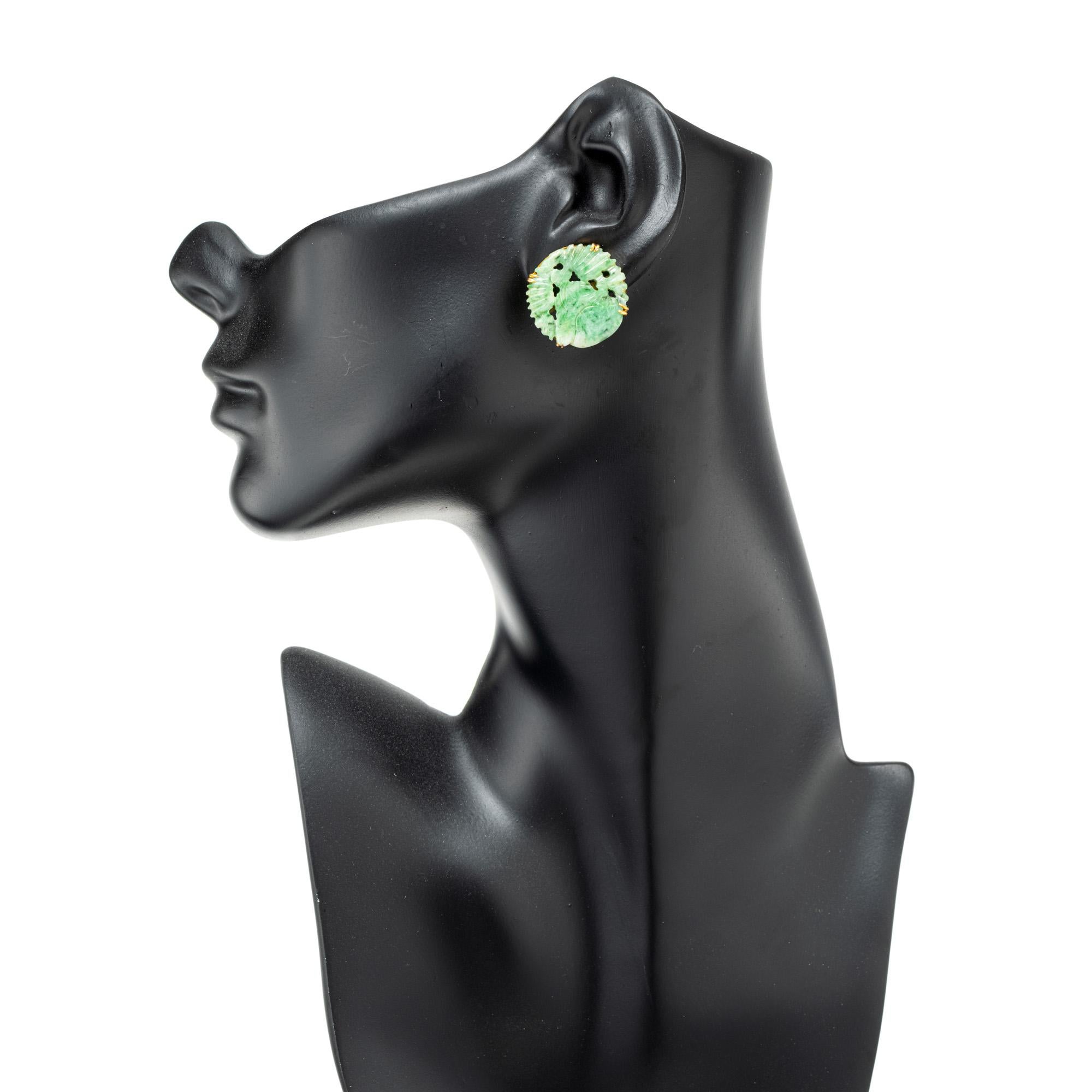 Natural Jadeite Jade Carved Round Tablet Gold Earrings For Sale 1