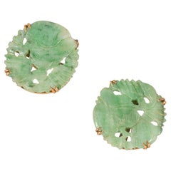 Boucles d'oreilles en or avec tablettes rondes sculptées en Jadeite Naturelle