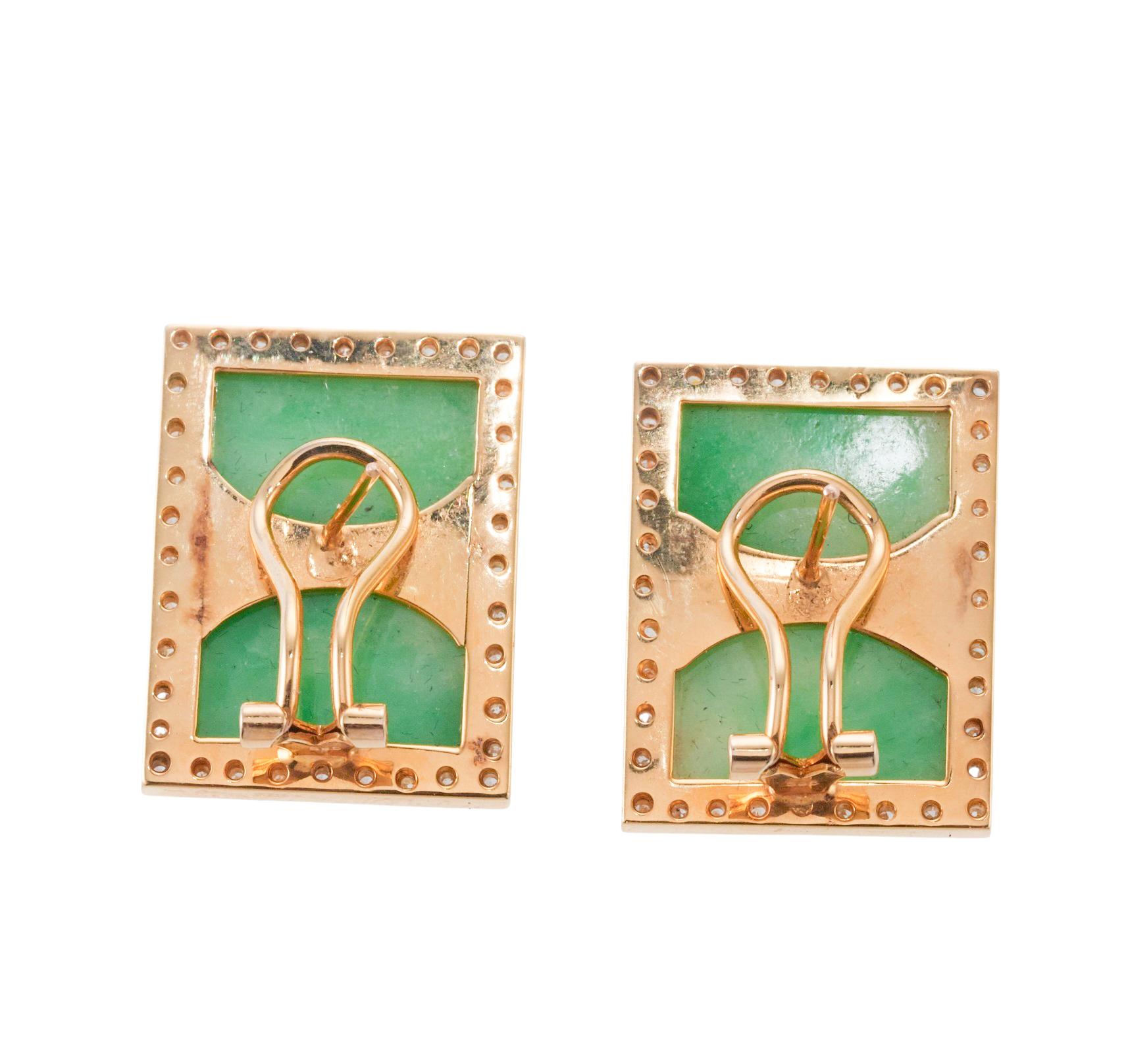 Natural Jadeite Jade Diamond and Gold Rectangular Earrings In Excellent Condition For Sale In New York, NY
