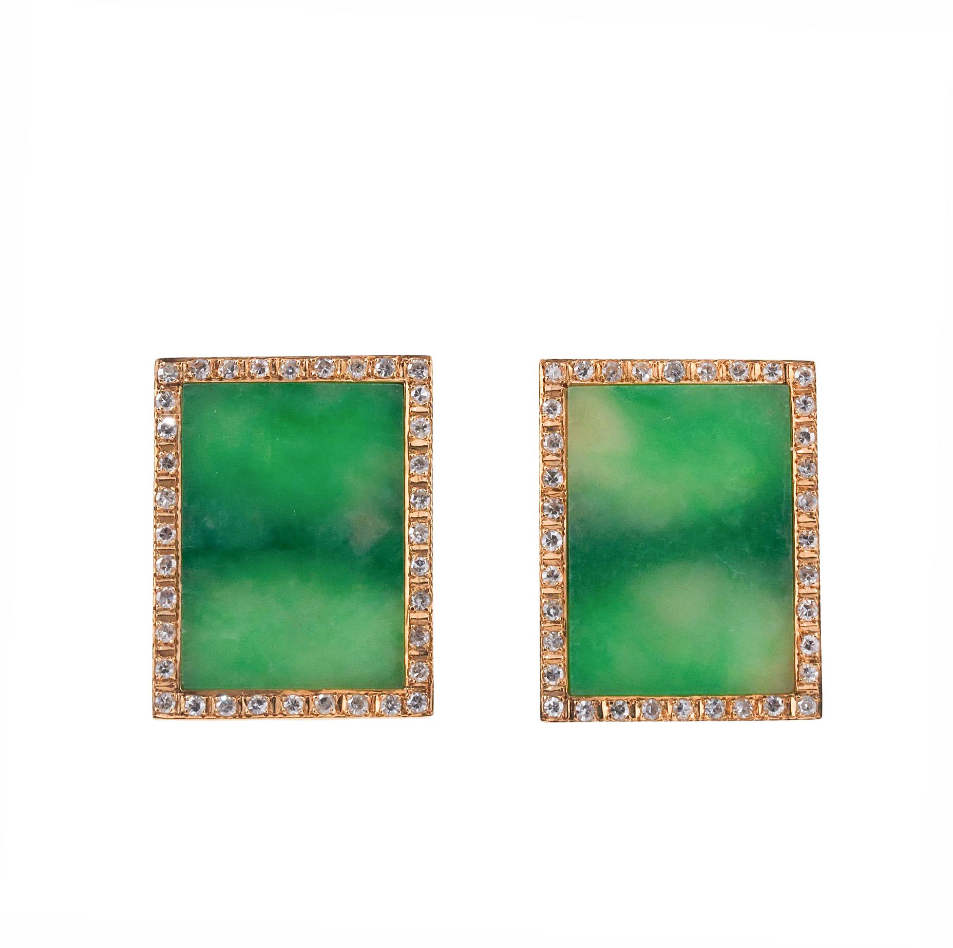 Rechteckige Ohrringe aus natürlichem Jadeit, Jade, Diamant und Gold im Angebot