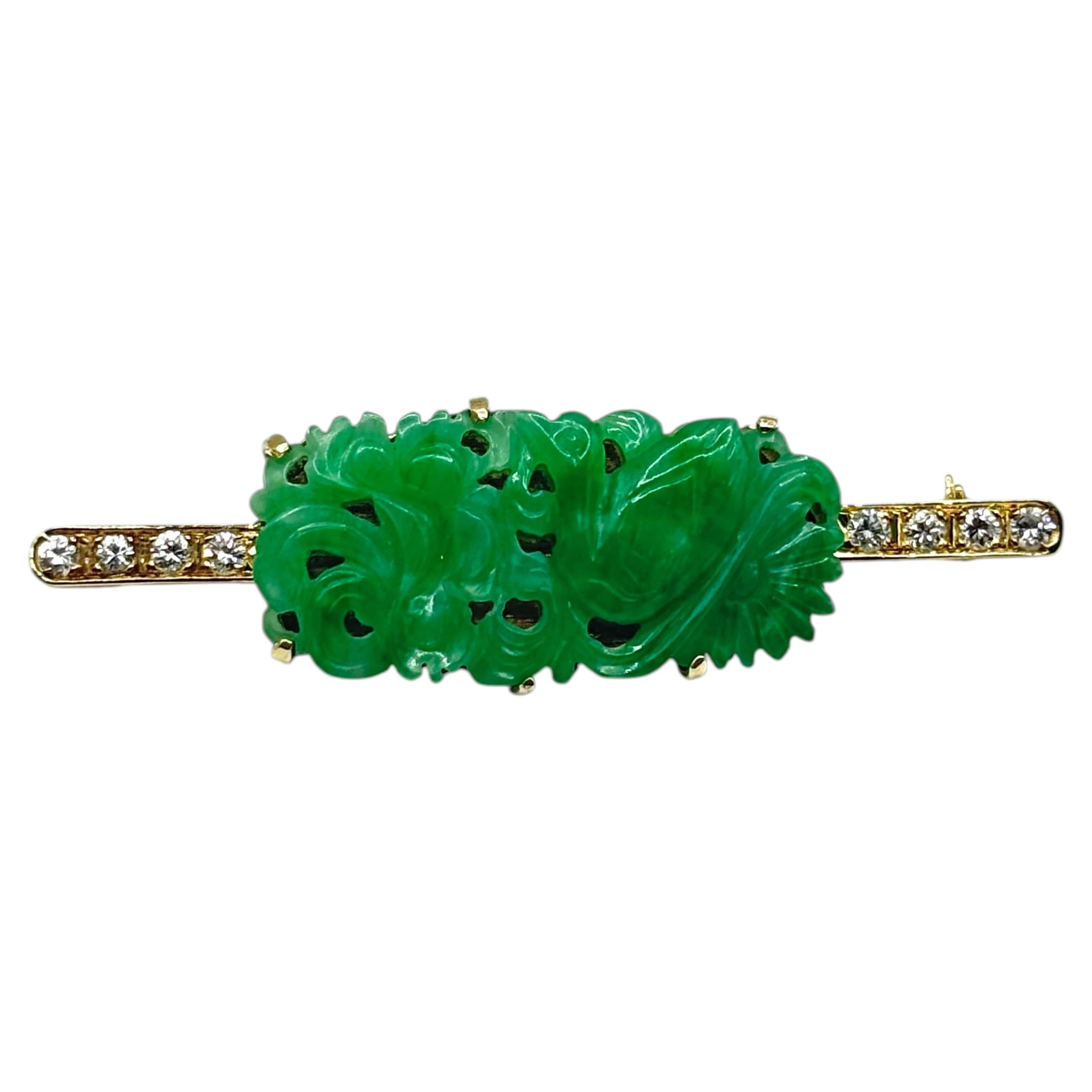 Natural Jadeite Jade Diamond Brooch in Gold, GCS Tested, Chinese Carved