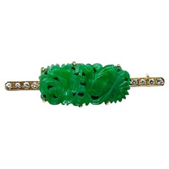 Natural Jadeite Jade Diamond Brooch in Gold, GCS Tested, Chinese Carved