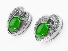 Natural Jadeite Jade & Diamond Encrusted Heart Frame Earrings in 18ct White Gold