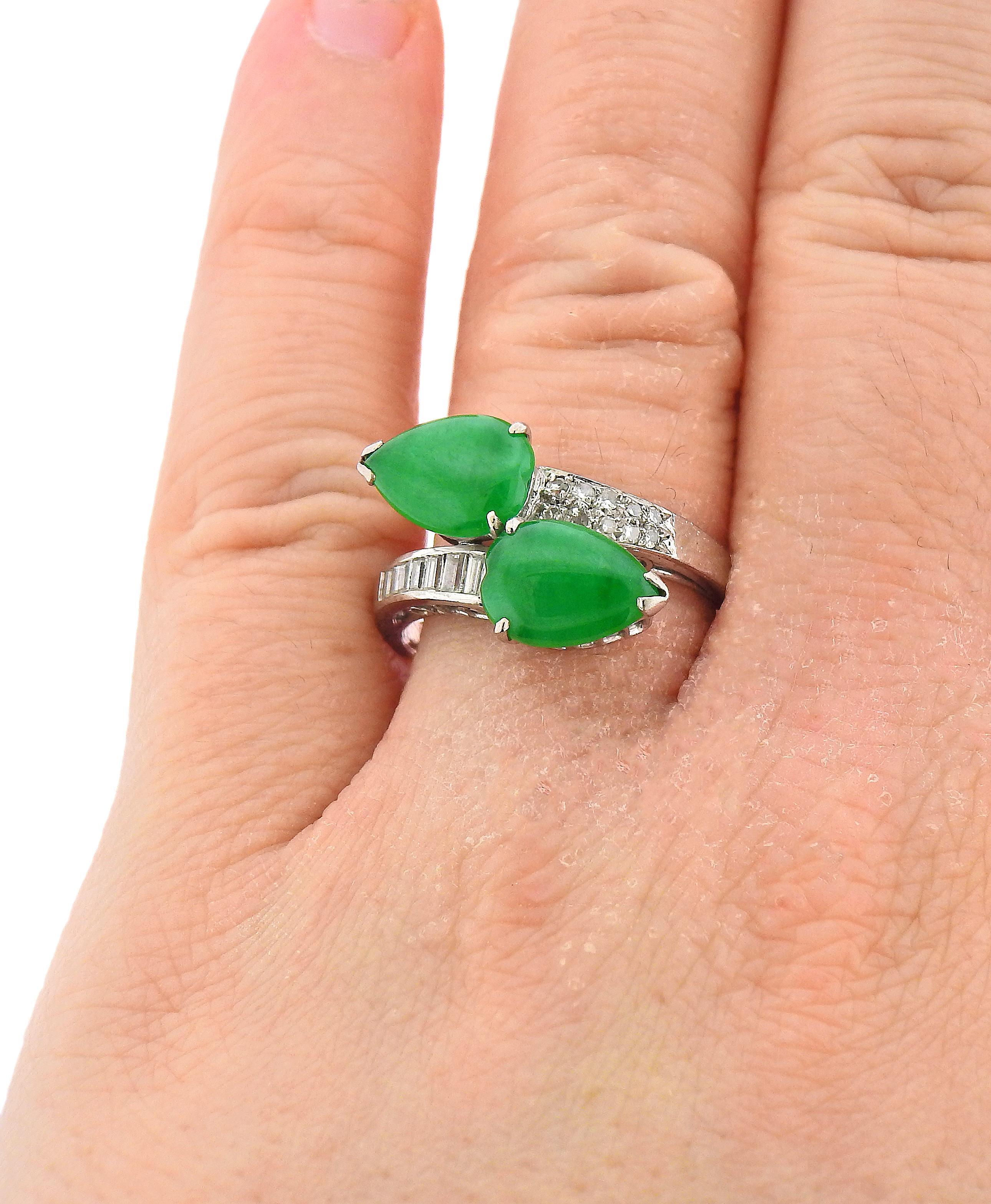 Women's Natural Jadeite Jade Diamond Gold Bypass Ring For Sale