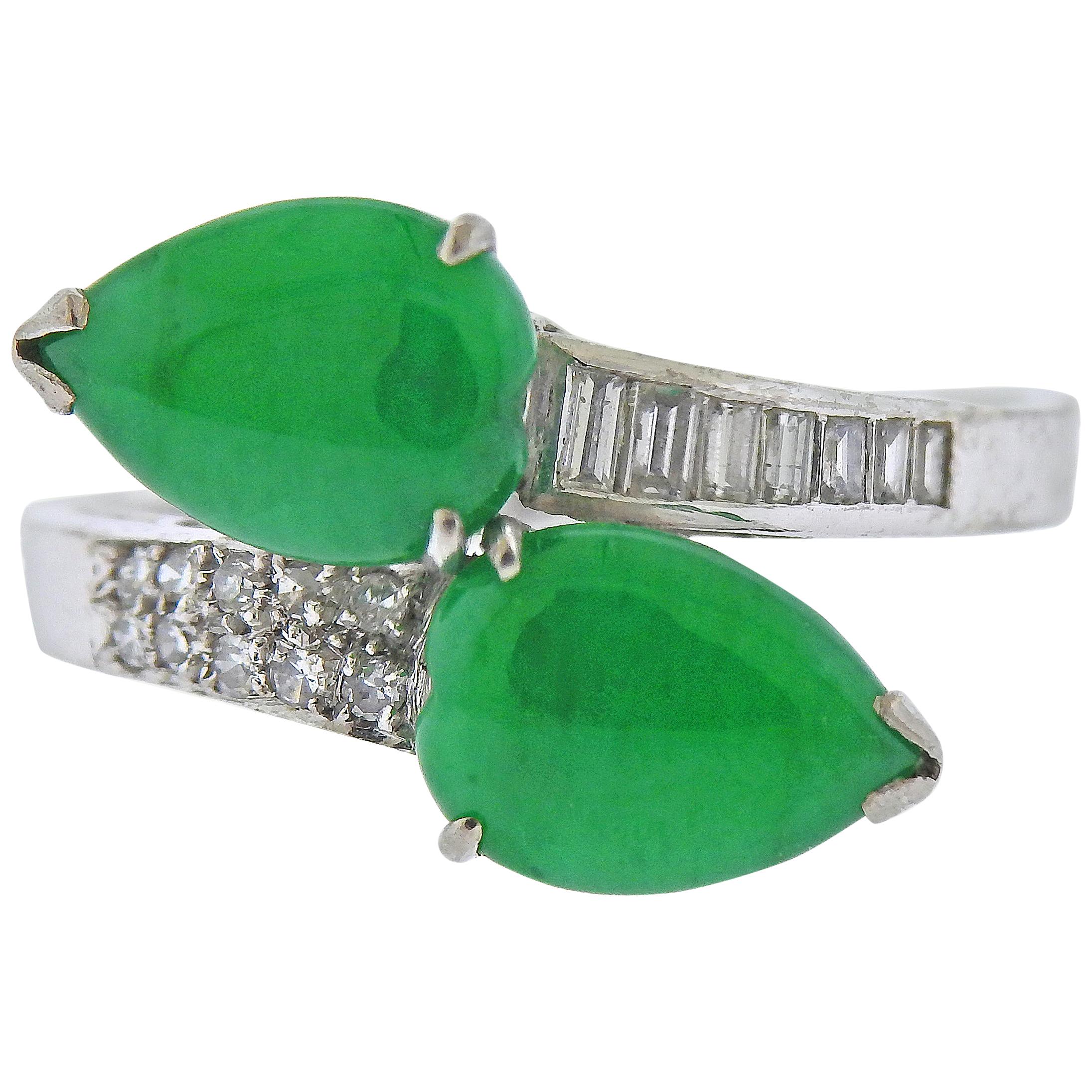 Natural Jadeite Jade Diamond Gold Bypass Ring For Sale