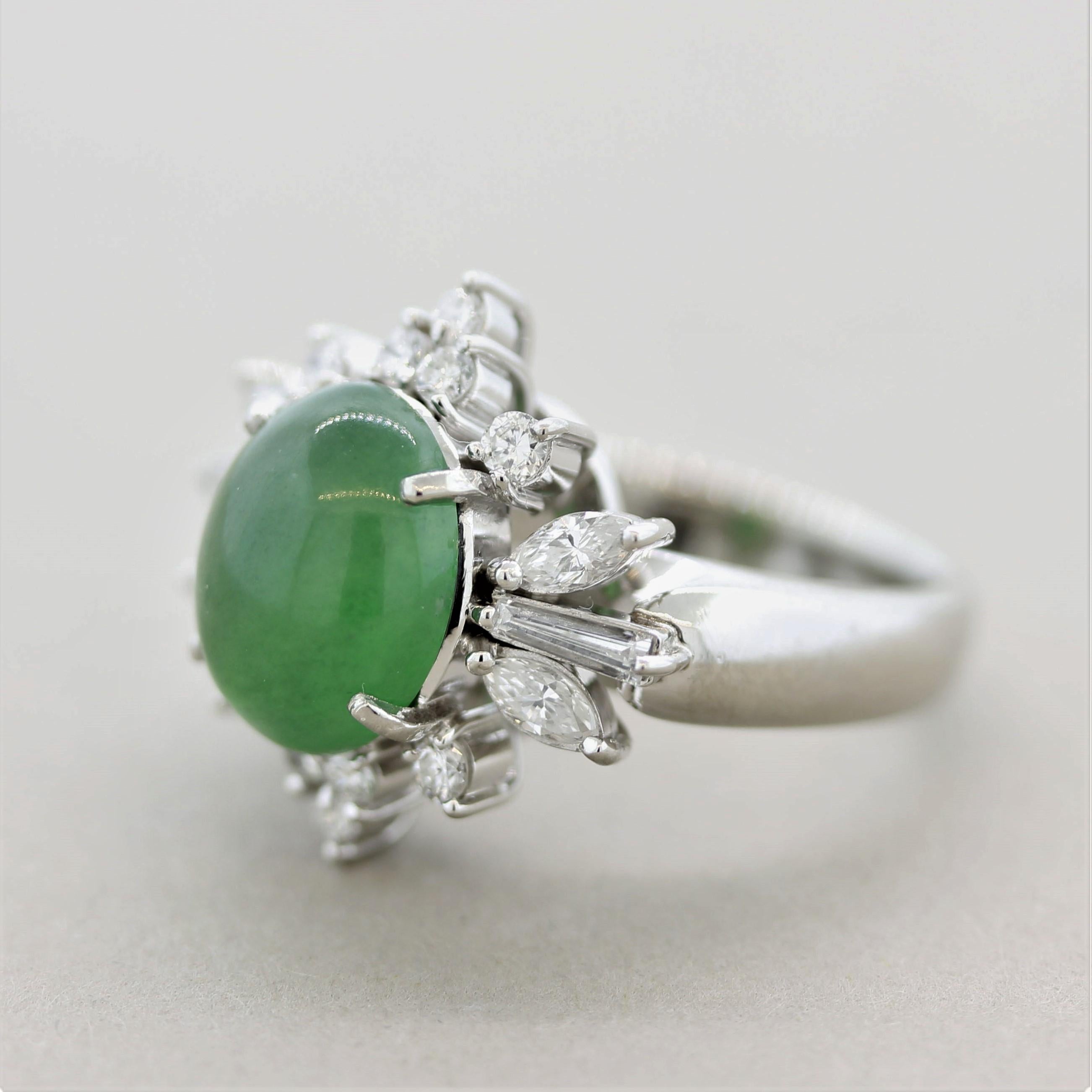 Mixed Cut Natural Jadeite Jade Diamond Platinum Floral Ring, GIA Certified For Sale