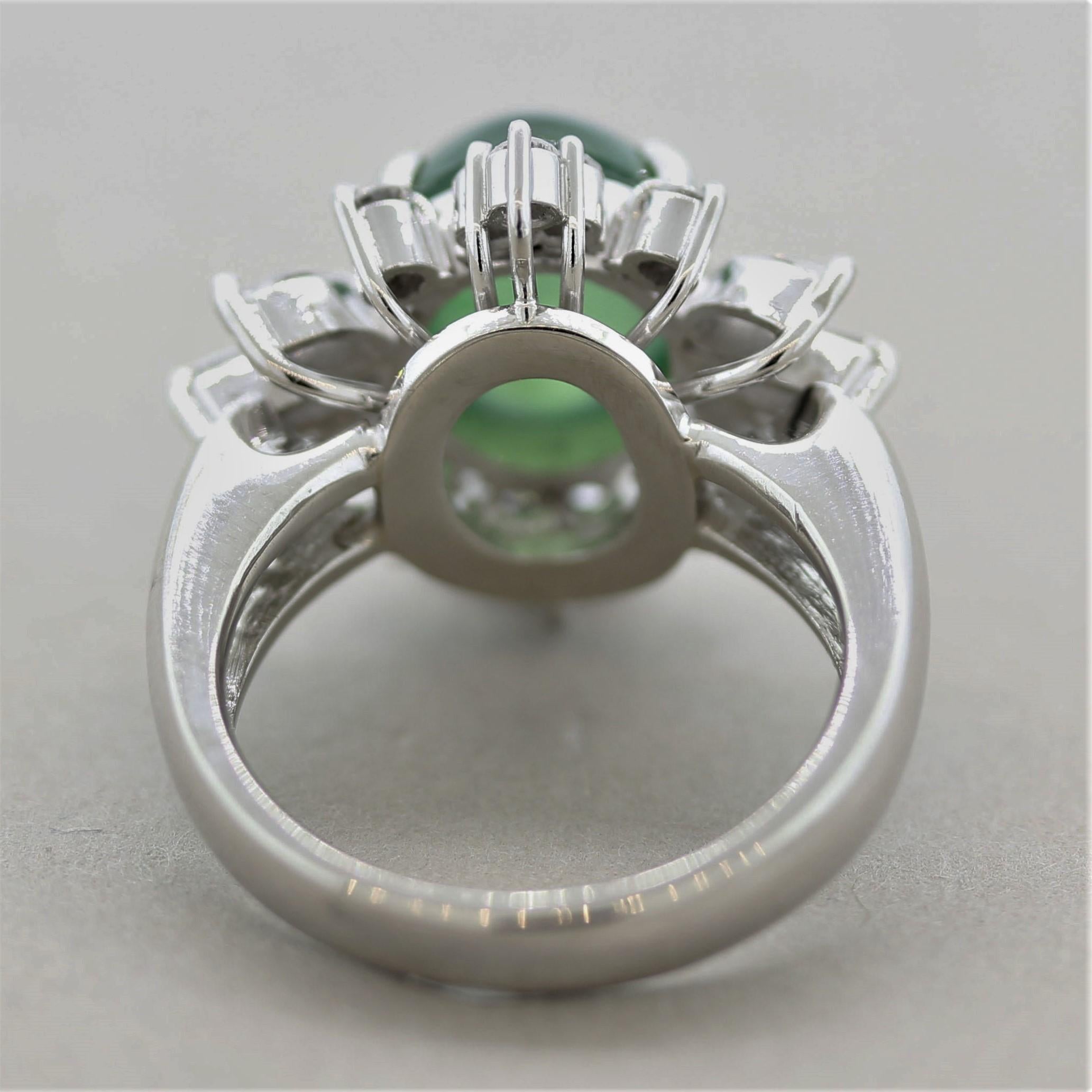 Natural Jadeite Jade Diamond Platinum Floral Ring, GIA Certified In New Condition For Sale In Beverly Hills, CA