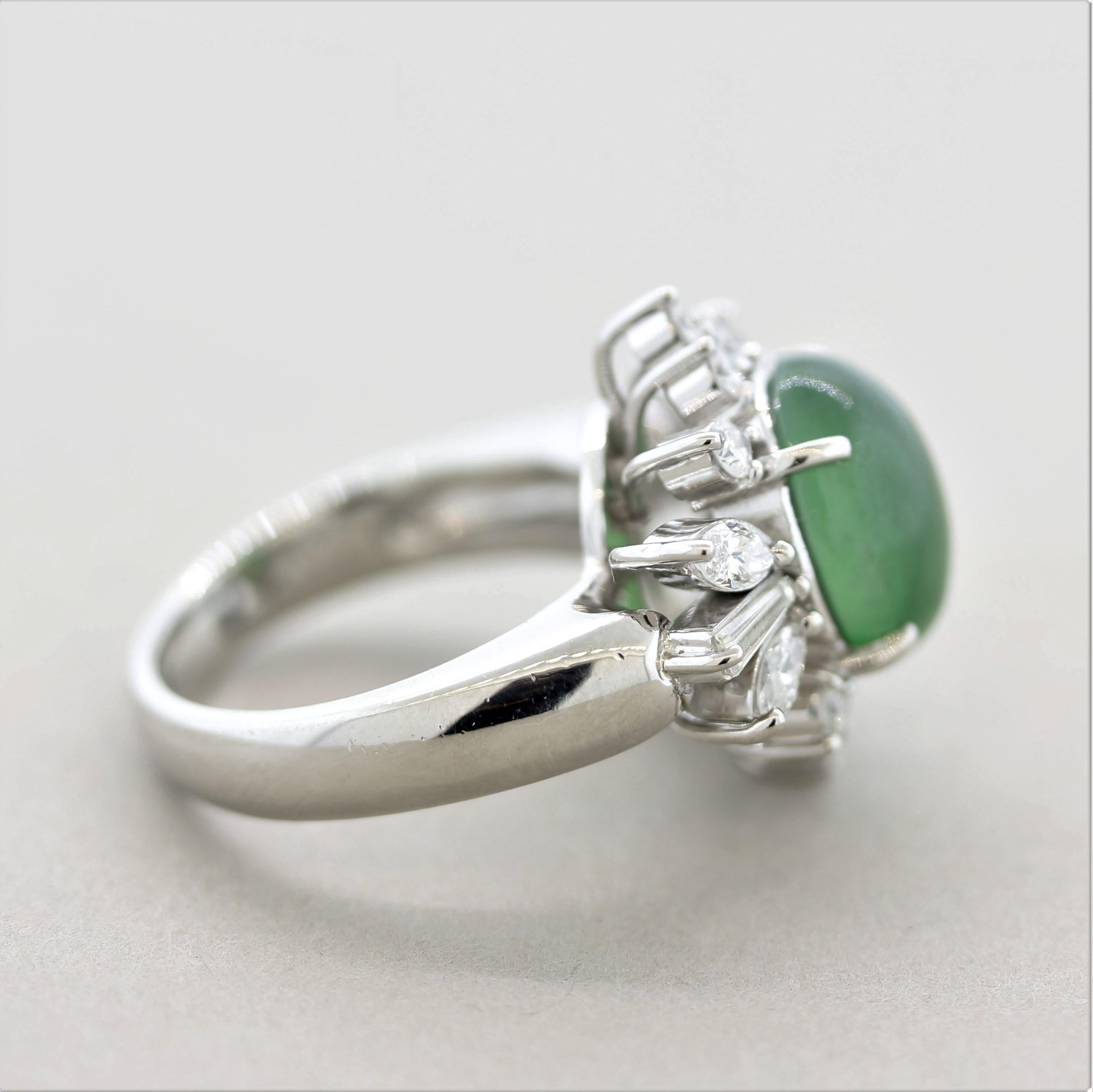 Women's Natural Jadeite Jade Diamond Platinum Floral Ring, GIA Certified For Sale