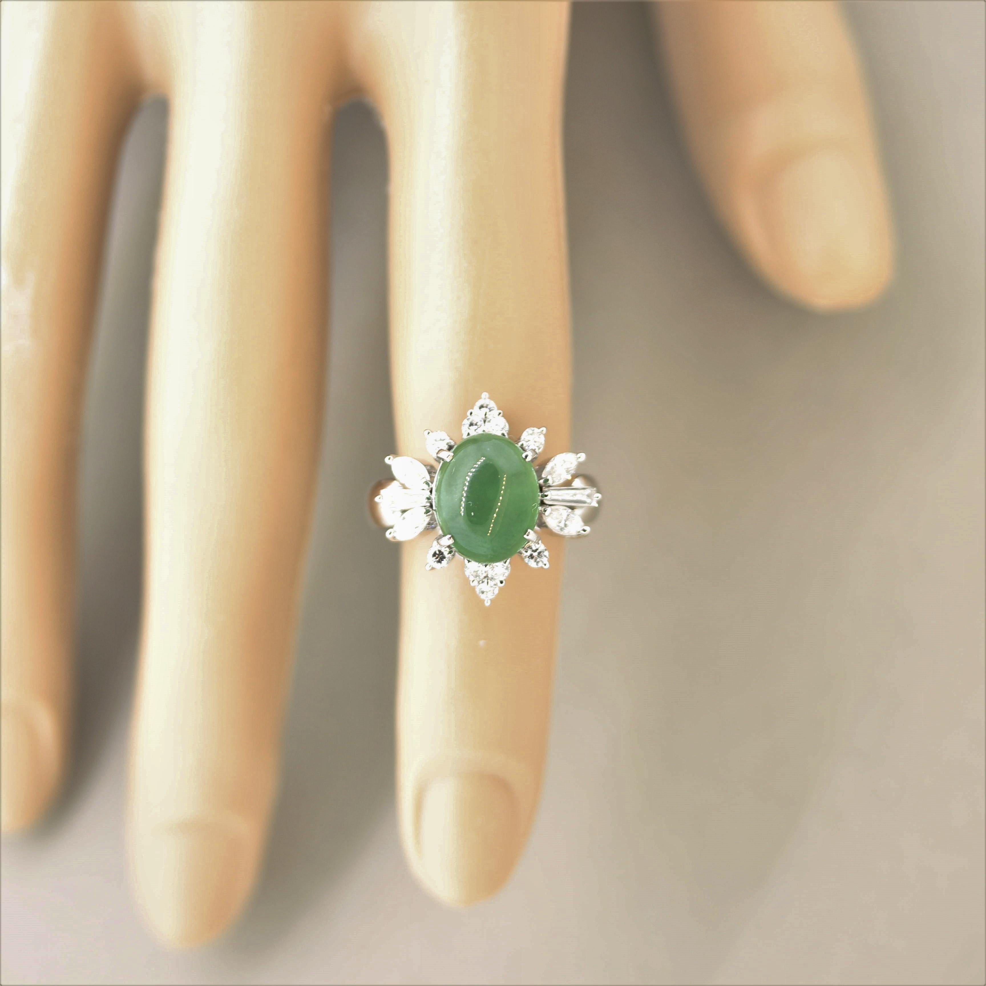 Natural Jadeite Jade Diamond Platinum Floral Ring, GIA Certified For Sale 1