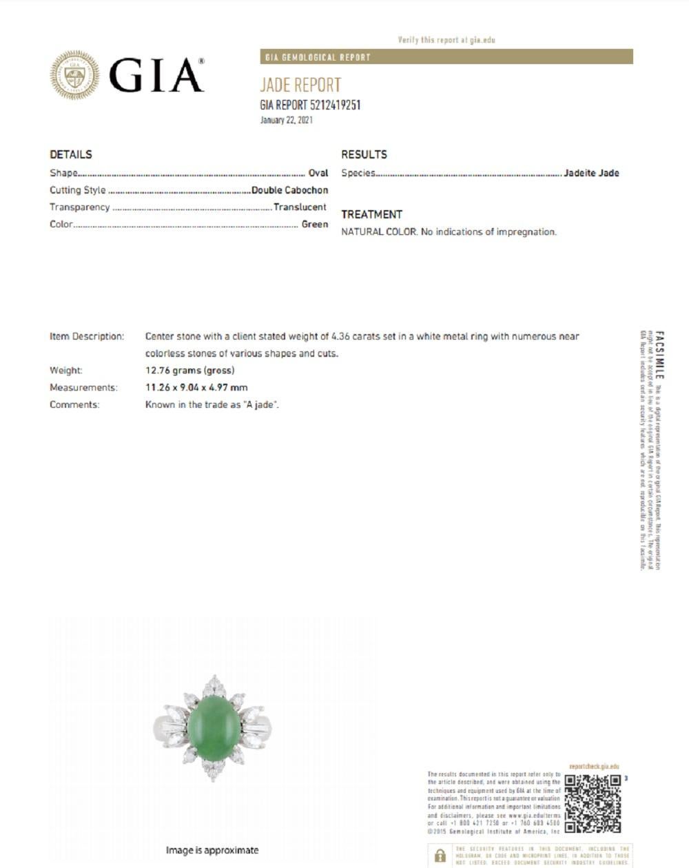 Natural Jadeite Jade Diamond Platinum Floral Ring, GIA Certified For Sale 2