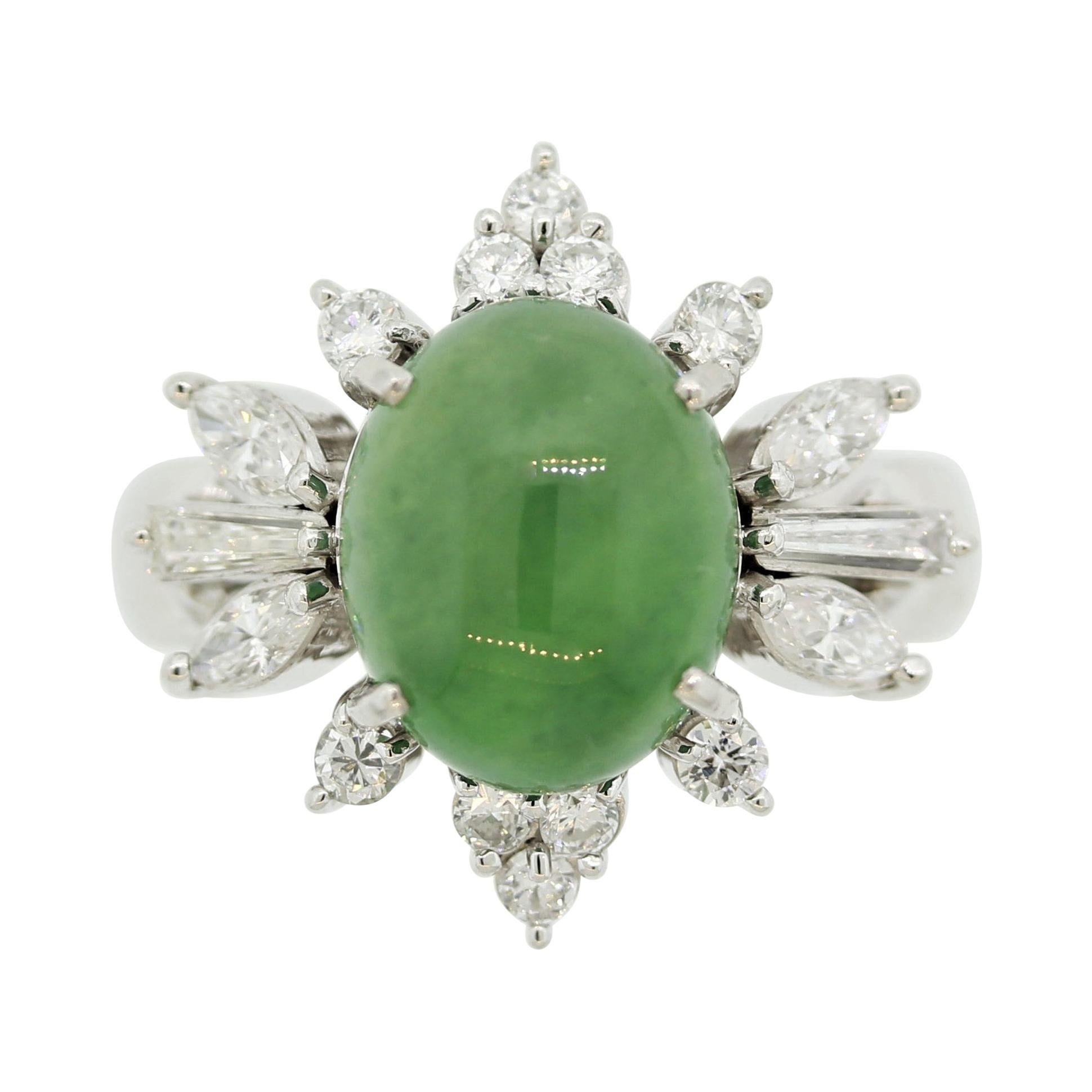 Natural Jadeite Jade Diamond Platinum Floral Ring, GIA Certified For Sale
