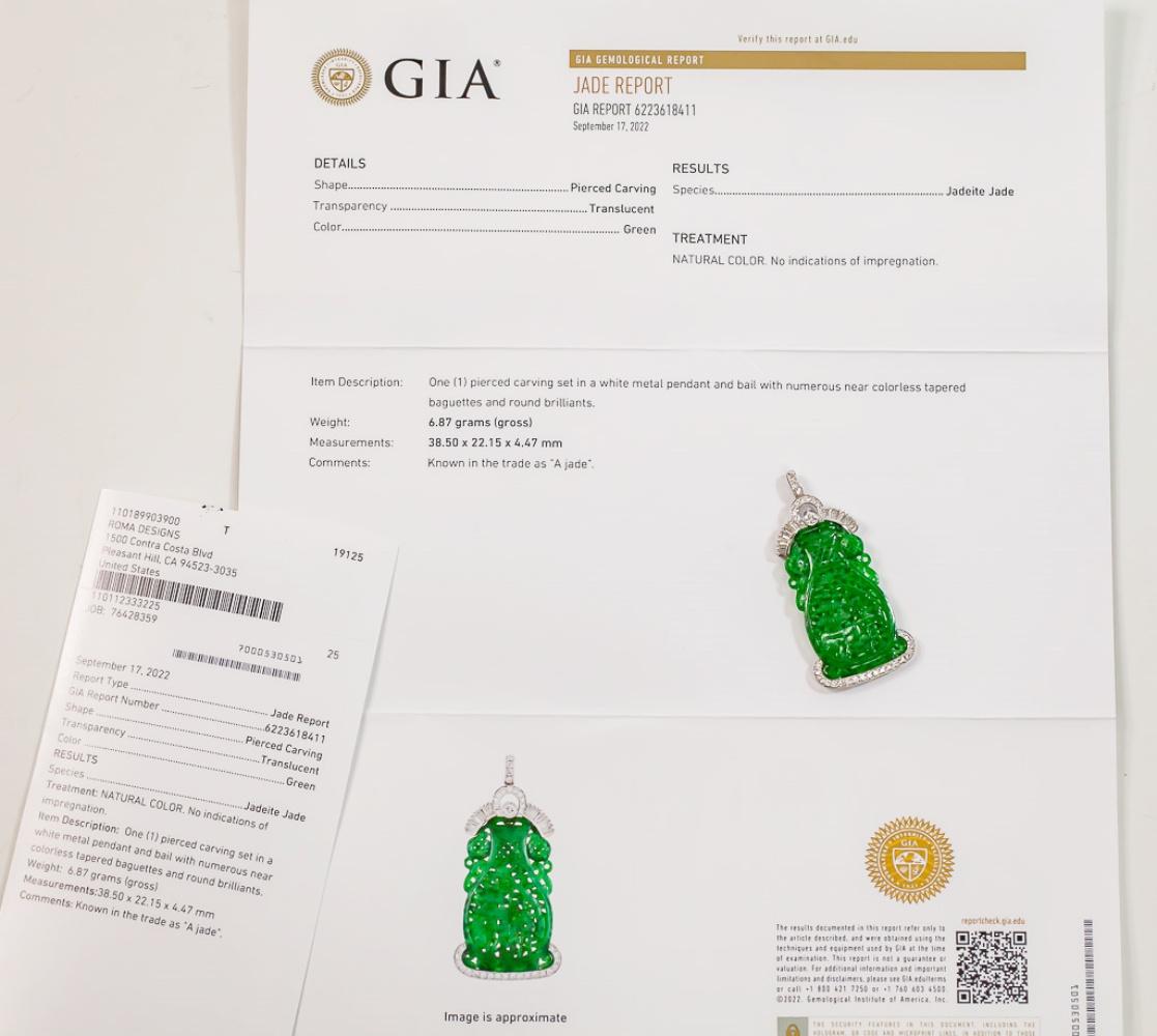 Natural Jadeite Jade “GIA Report Certified” Diamond, White Gold Pendant For Sale 4