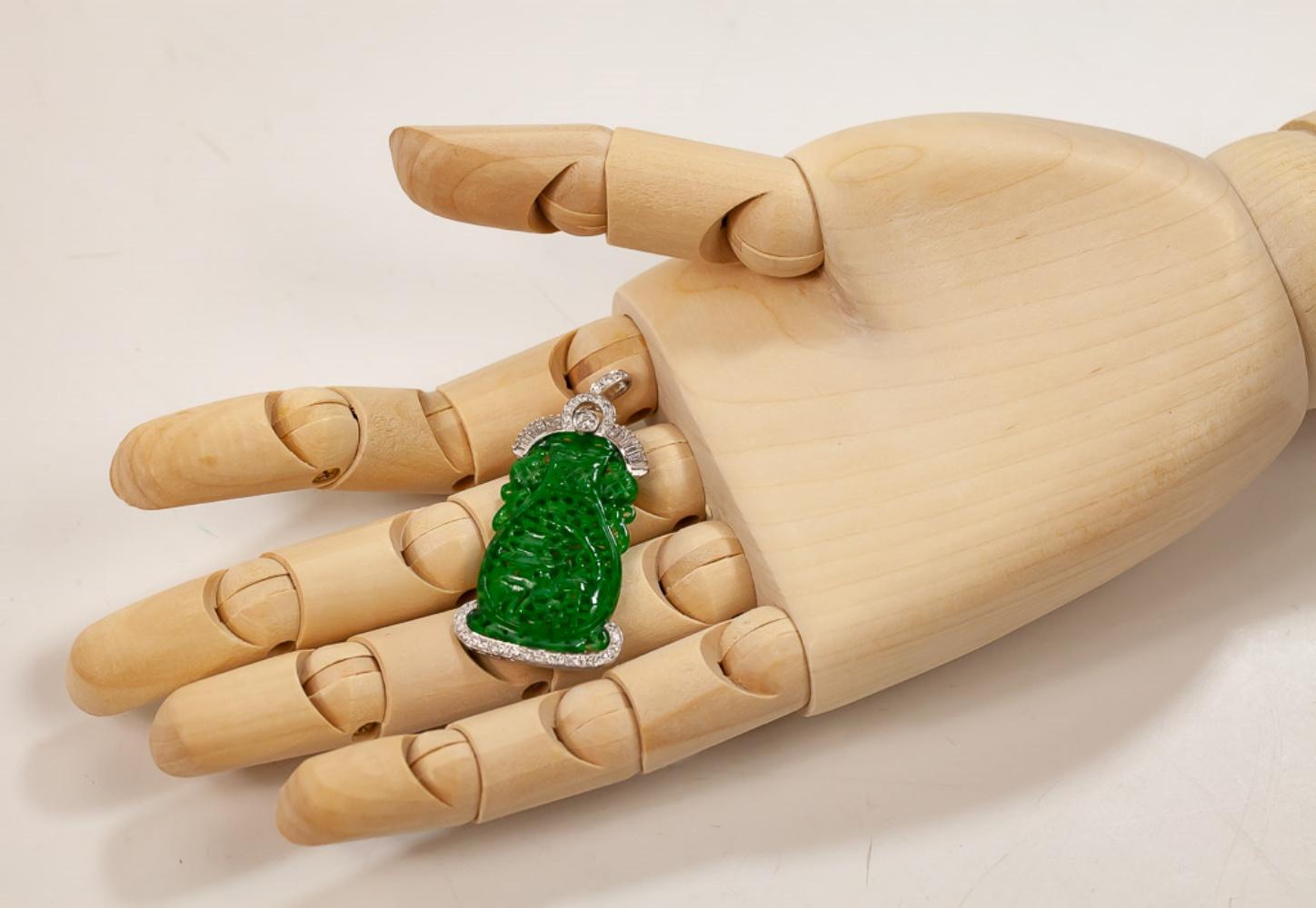Artisan Natural Jadeite Jade “GIA Report Certified” Diamond, White Gold Pendant For Sale