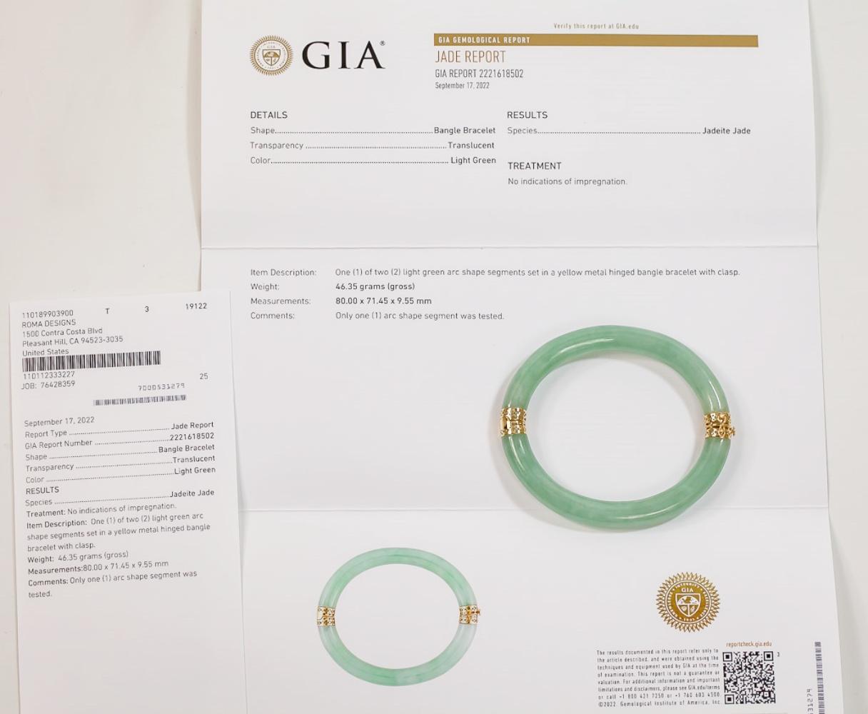 Women's or Men's Natural Jadeite Jade “GIA Report Certified” Yellow Gold Bangle Bracelet