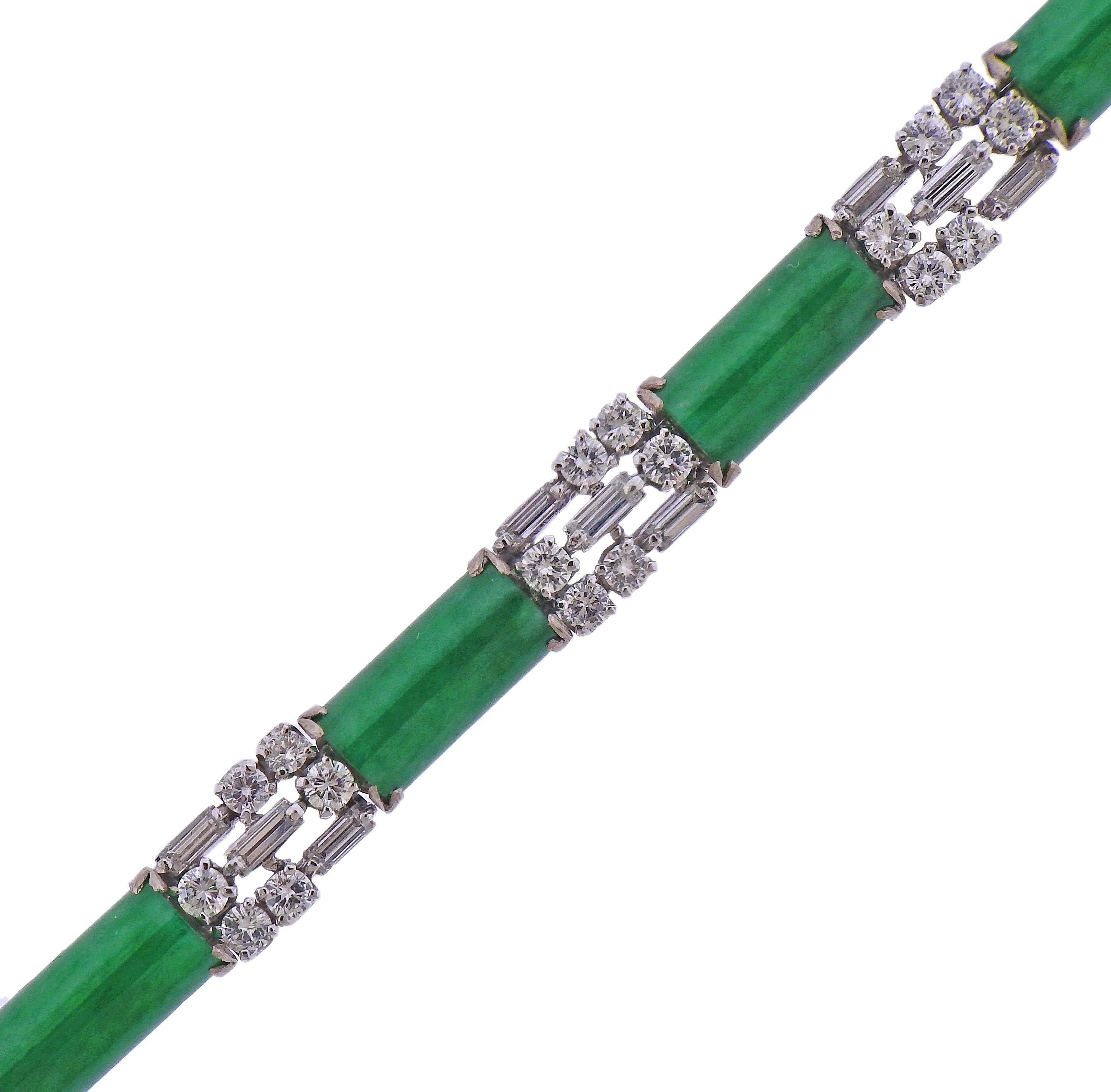 14k white gold bracelet, with 8 natural jadeite jade stones - measuring approx. 11.3 x 5.4mm, with approx. 3.20ctw in diamonds. Bracelet is 6.75