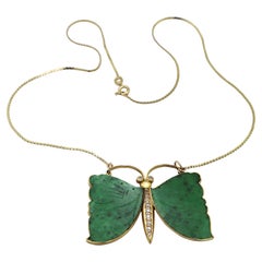 Retro Natural Jadeite Jade Mason Kay Report Certified, Diamond, Yellow Gold Butterfly