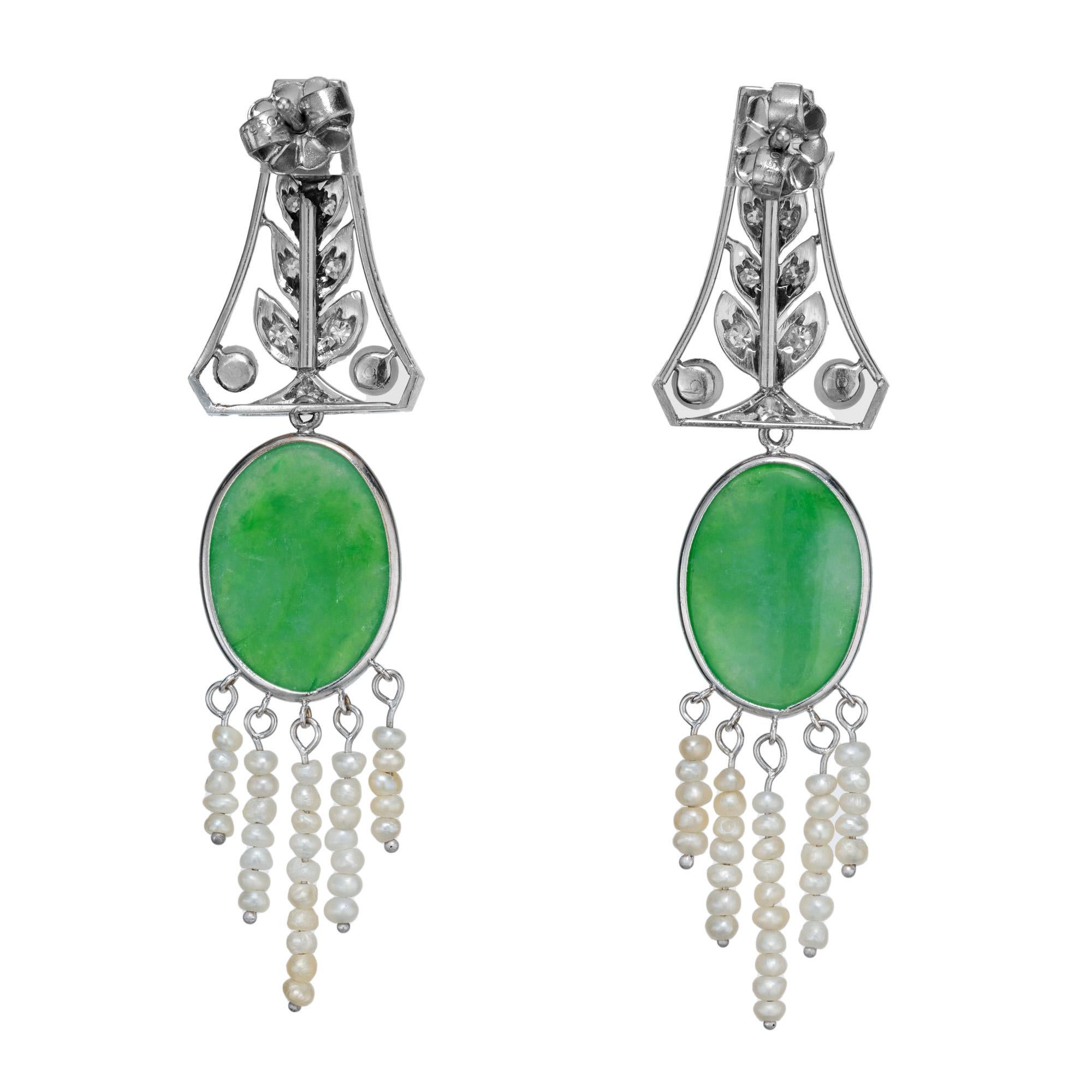 Round Cut Natural Jadeite Jade Pearl Diamond Art Deco Platinum Dangle Earrings For Sale