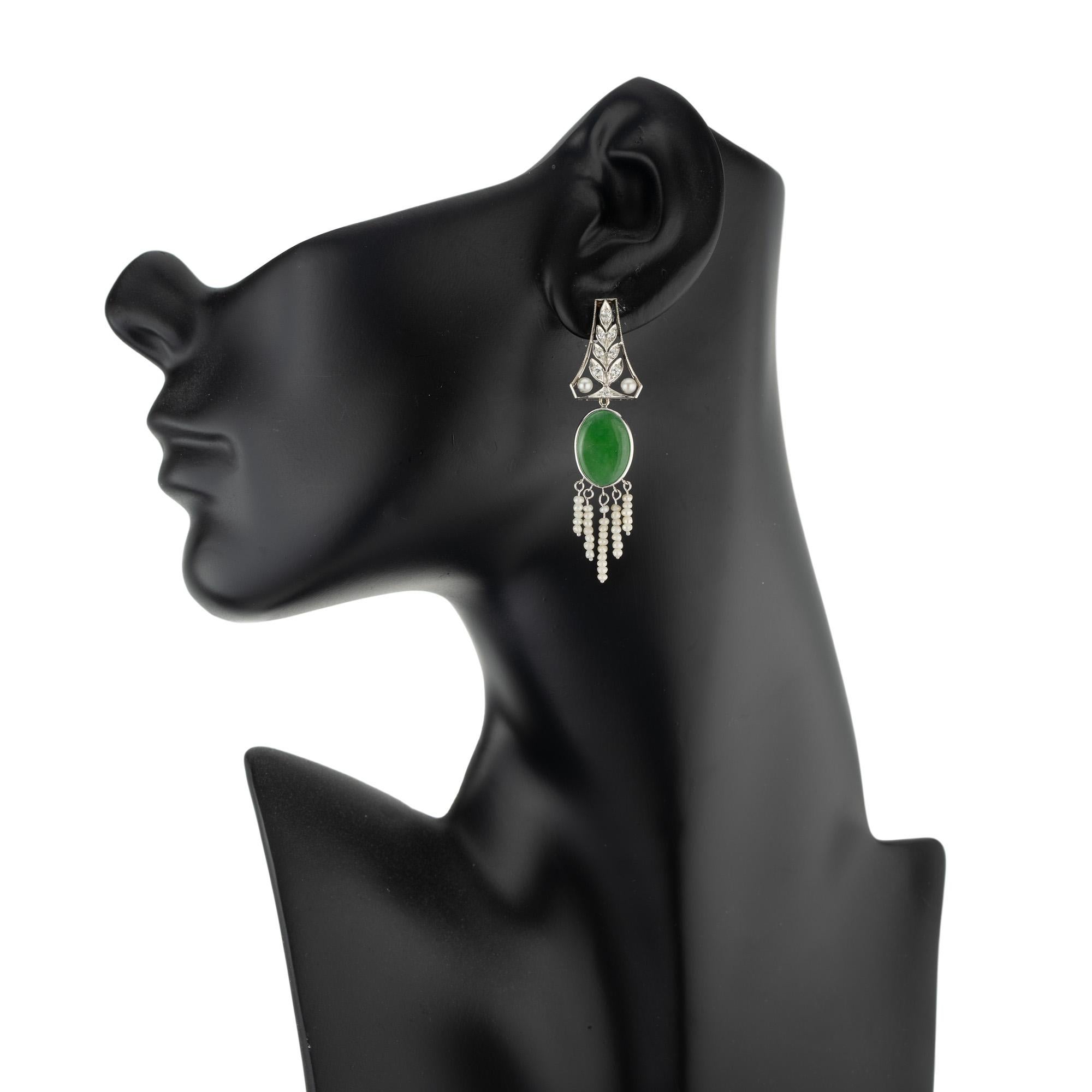 Natural Jadeite Jade Pearl Diamond Art Deco Platinum Dangle Earrings For Sale 1