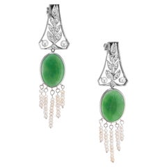 Natural Jadeite Jade Pearl Diamond Art Deco Platinum Dangle Earrings