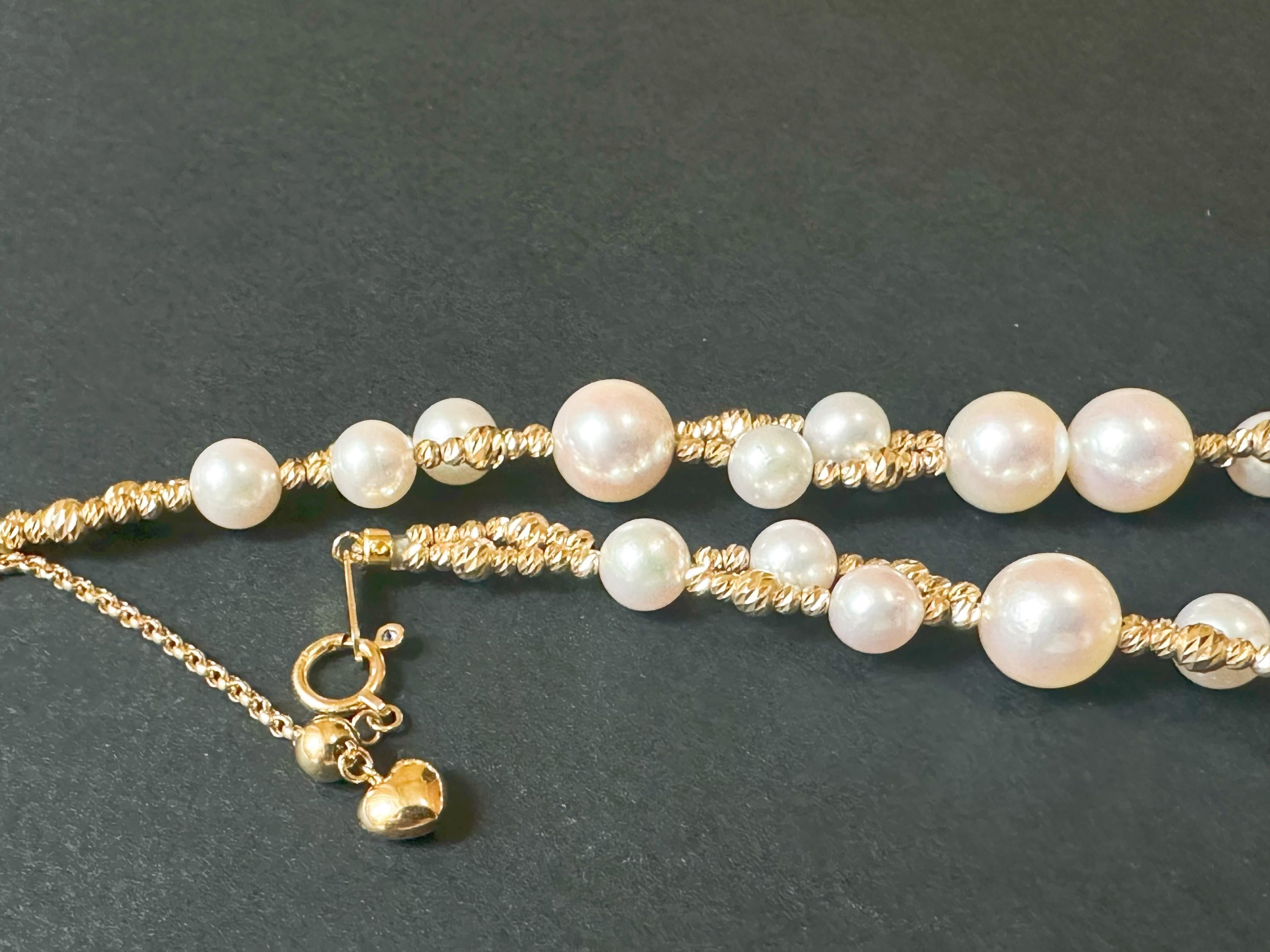 Women's or Men's Certified Natural Japan Akoya Pearl Double Strand 18K Gold Necklace For Sale
