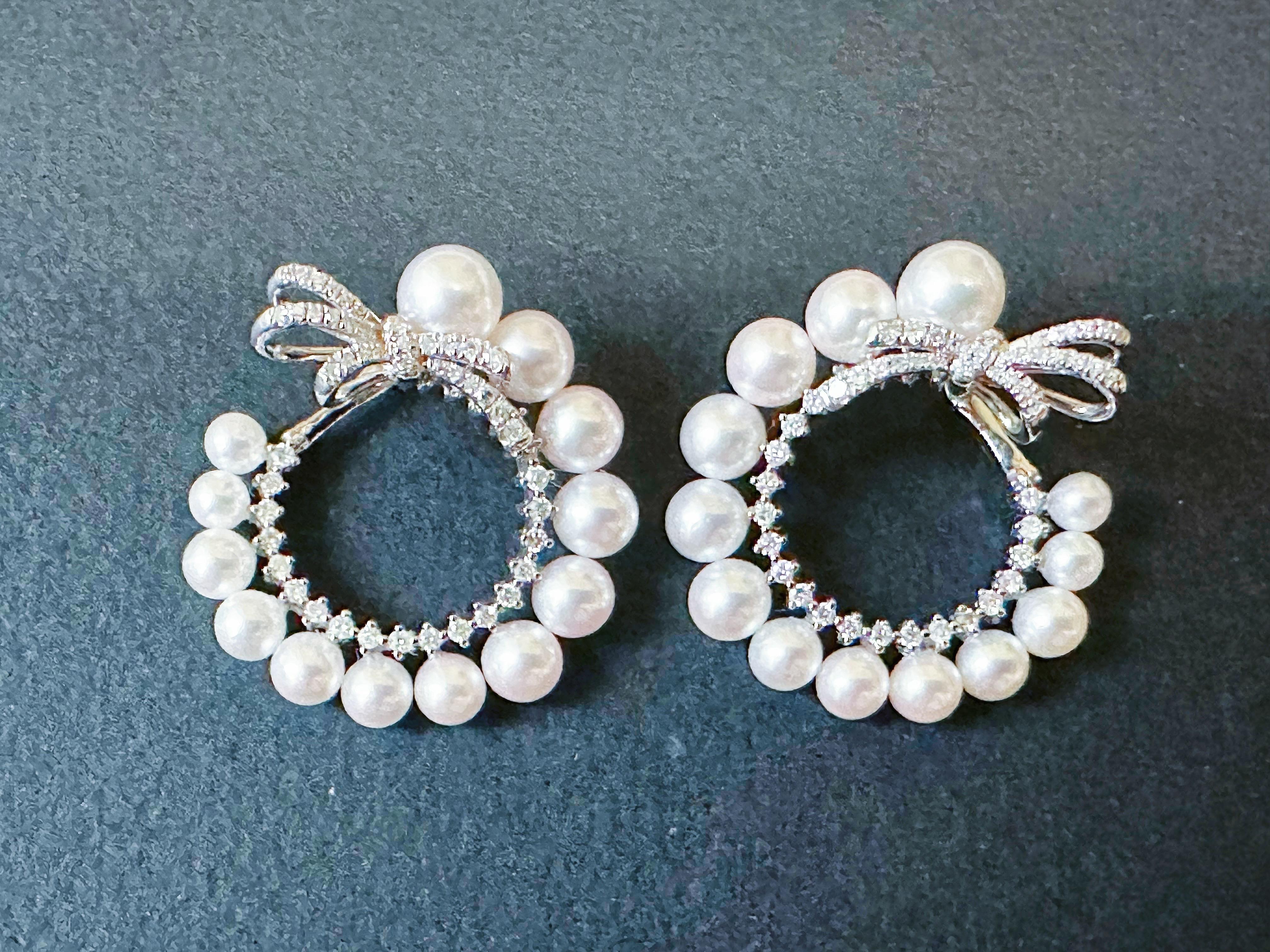 Natural Japan Akoya Pearl Hoop Earrings in 18K White Gold and Diamond For Sale 4