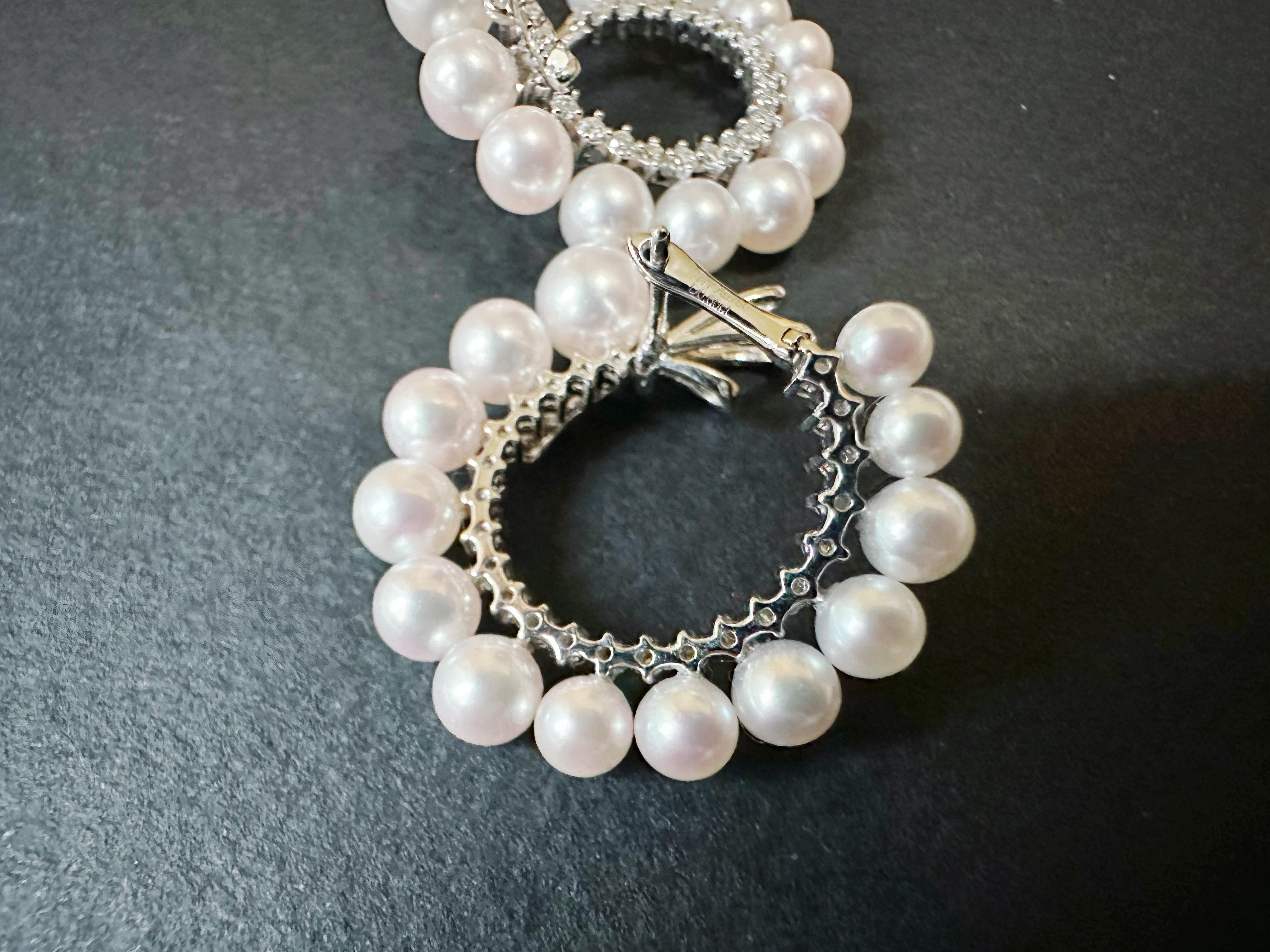 Natural Japan Akoya Pearl Hoop Earrings in 18K White Gold and Diamond For Sale 6