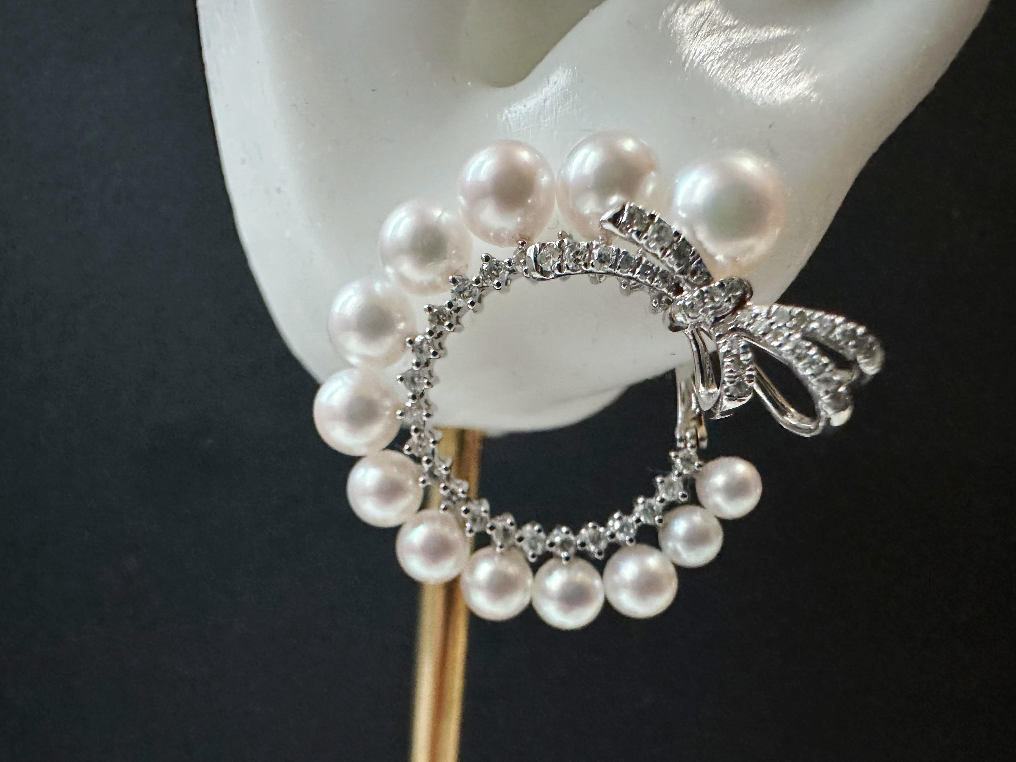 Natural Japan Akoya Pearl Hoop Earrings in 18K White Gold and Diamond For Sale 11