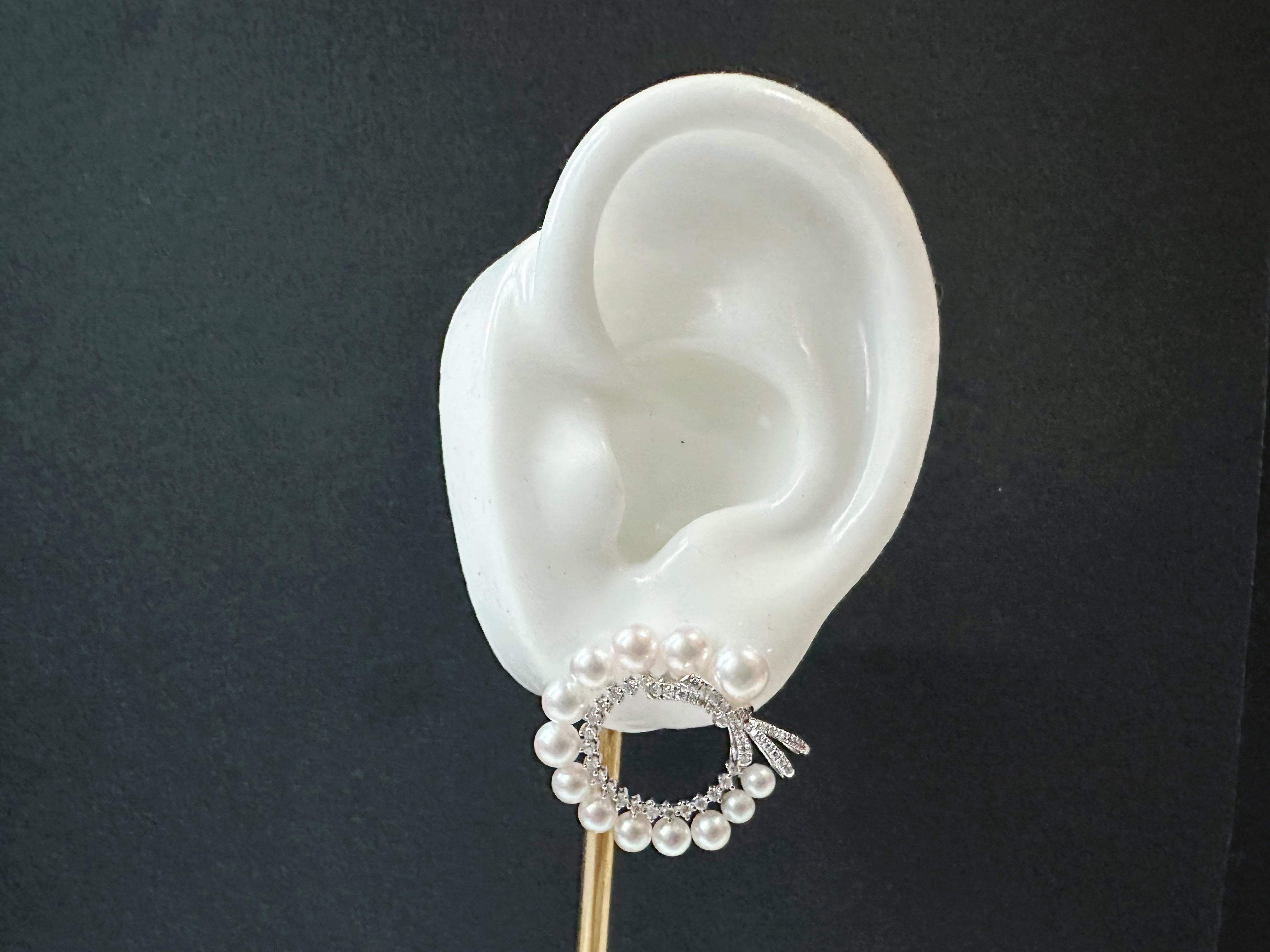 Natural Japan Akoya Pearl Hoop Earrings in 18K White Gold and Diamond For Sale 12
