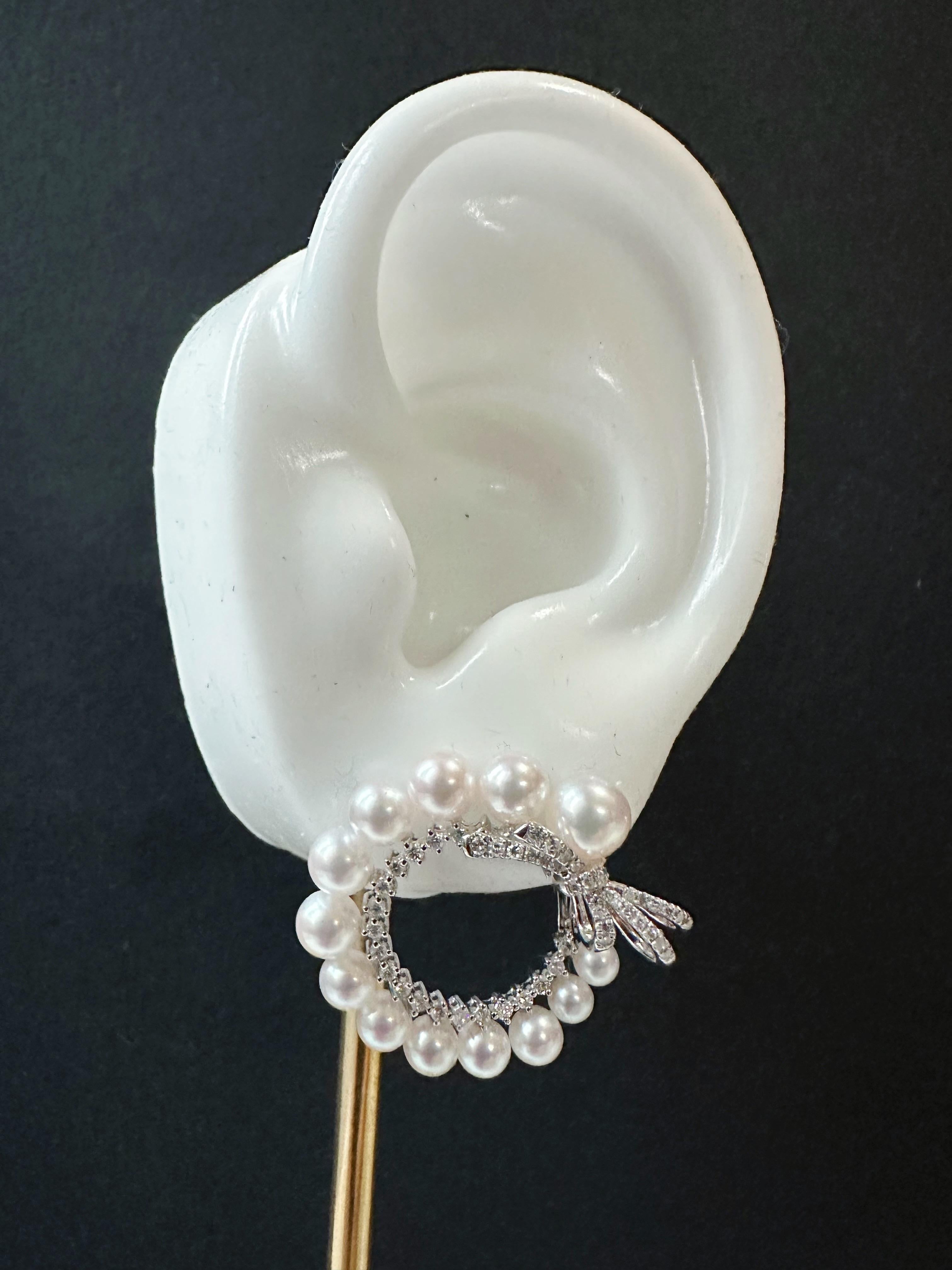 Natural Japan Akoya Pearl Hoop Earrings in 18K White Gold and Diamond For Sale 13