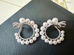 Natural Japan Akoya Pearl Hoop Earrings in 18K White Gold and Diamond