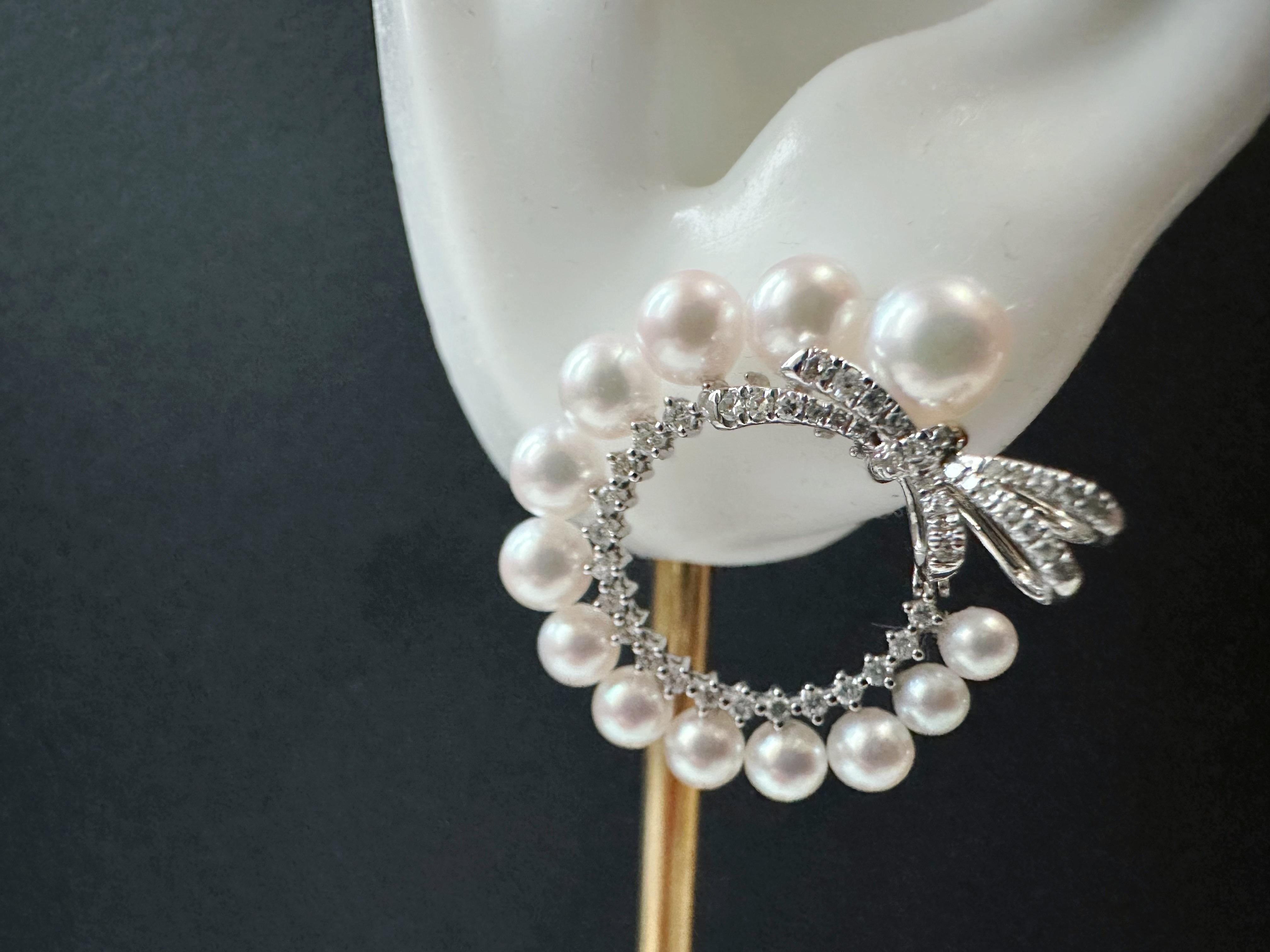 Natural Japan Akoya Pearl Hoop Earrings in 18K White Gold and Diamond For Sale 14