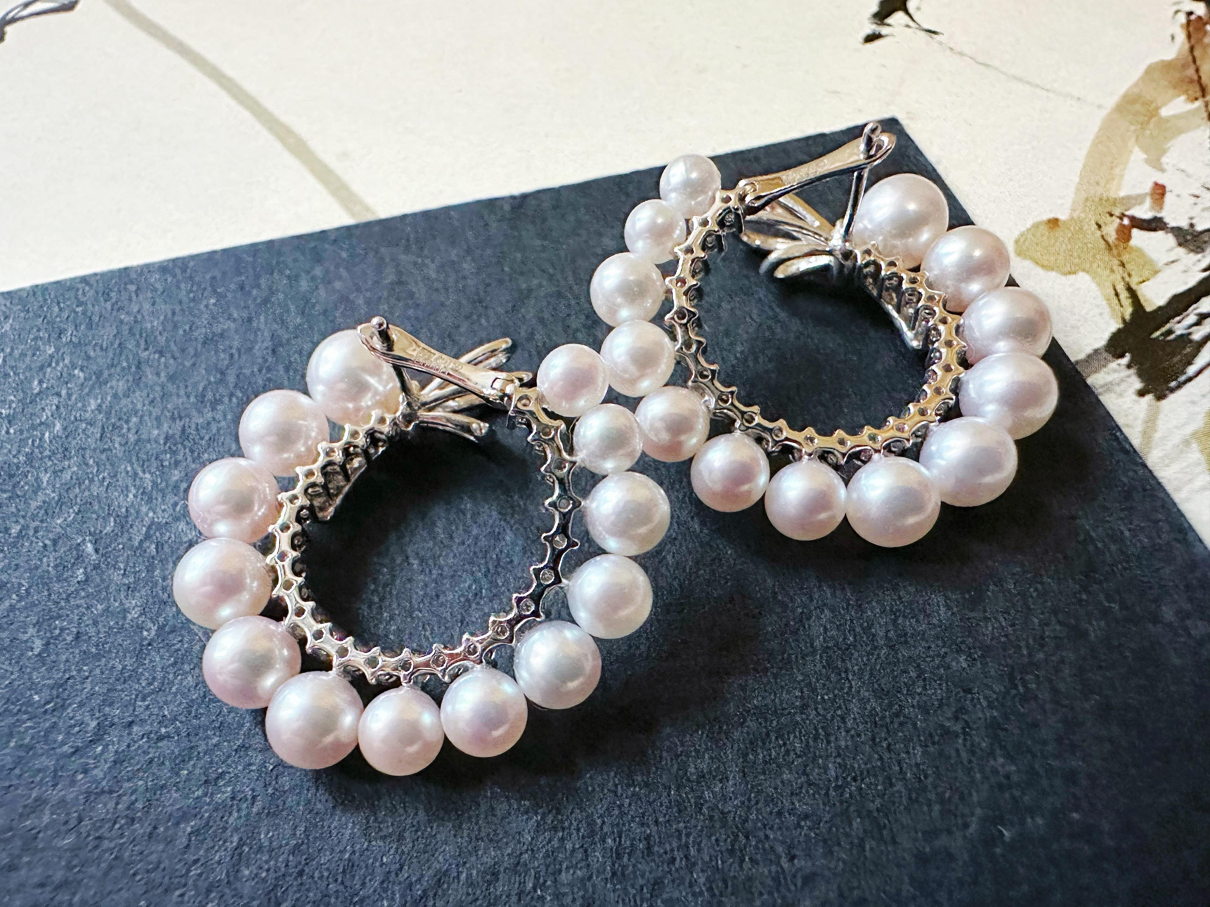 Art Nouveau Natural Japan Akoya Pearl Hoop Earrings in 18K White Gold and Diamond For Sale