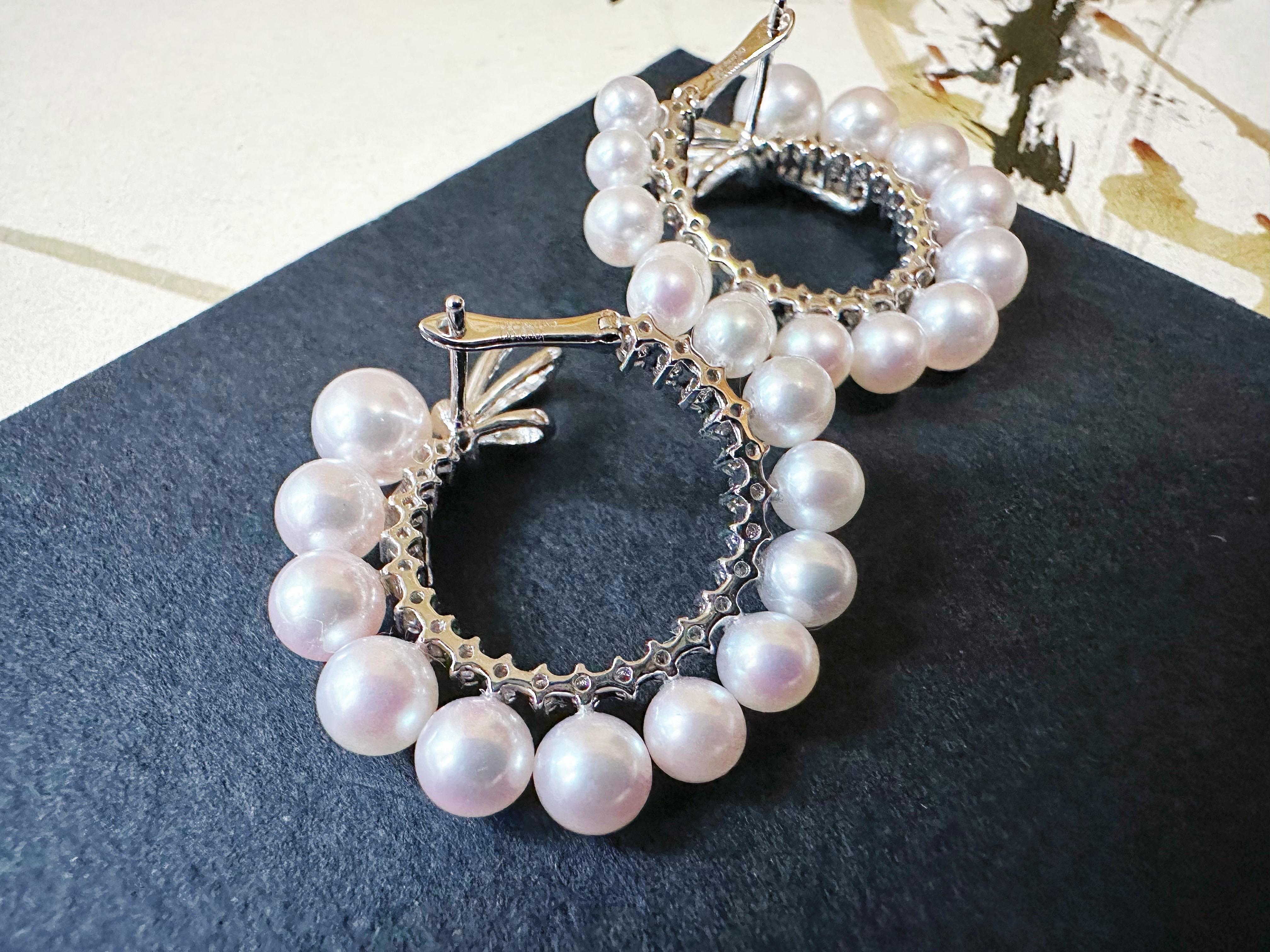 Round Cut Natural Japan Akoya Pearl Hoop Earrings in 18K White Gold and Diamond For Sale