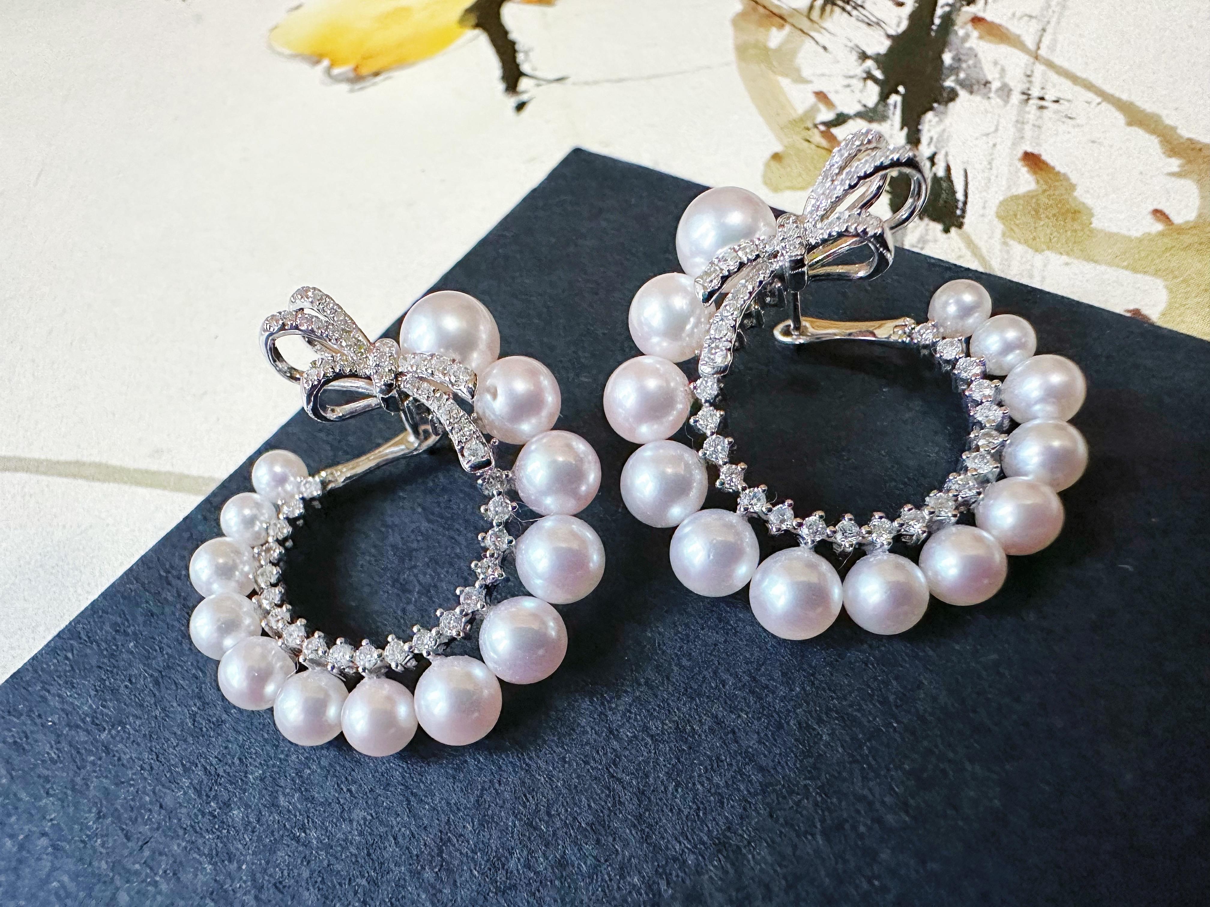 Women's or Men's Natural Japan Akoya Pearl Hoop Earrings in 18K White Gold and Diamond For Sale
