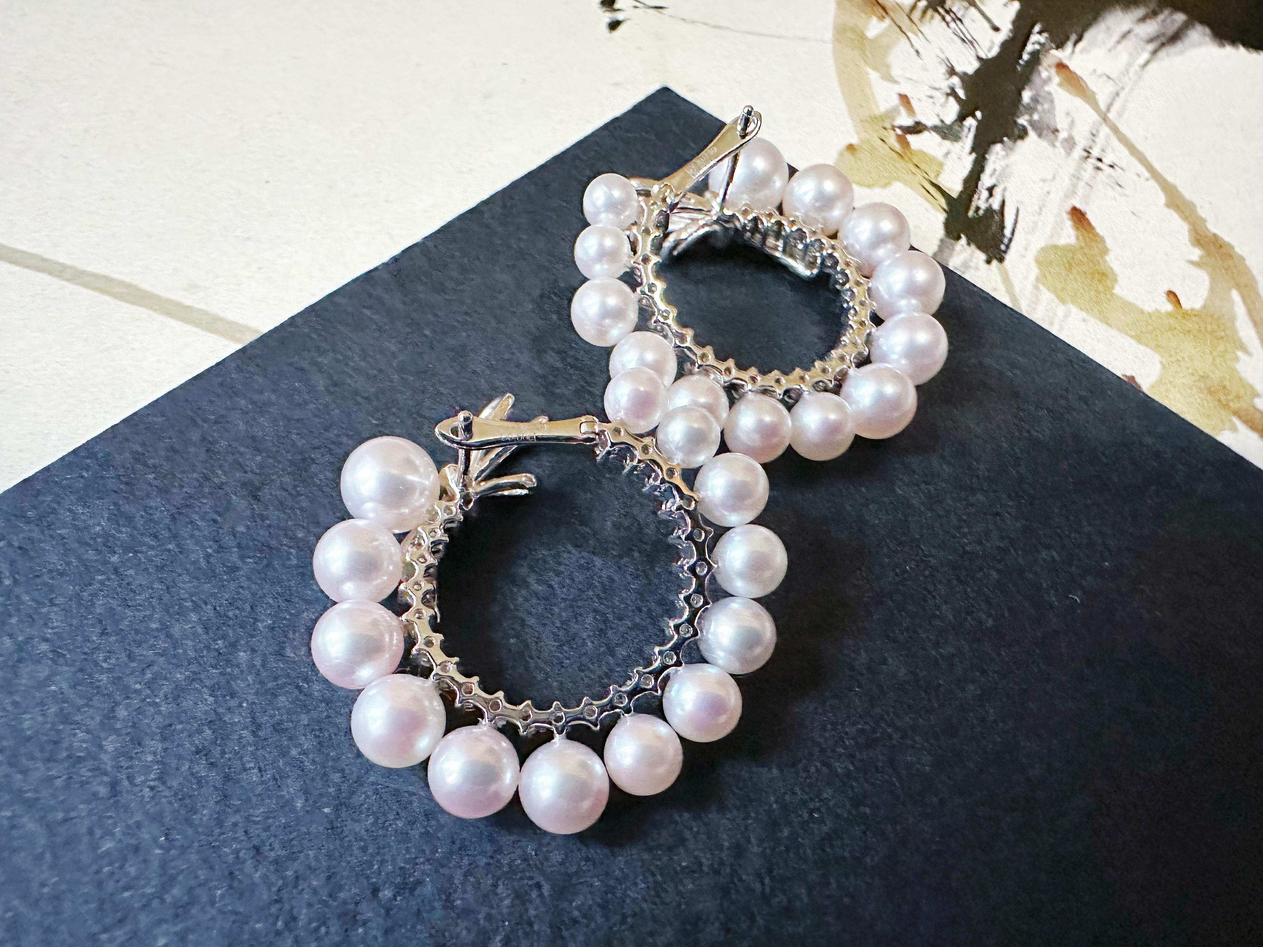 Natural Japan Akoya Pearl Hoop Earrings in 18K White Gold and Diamond For Sale 2