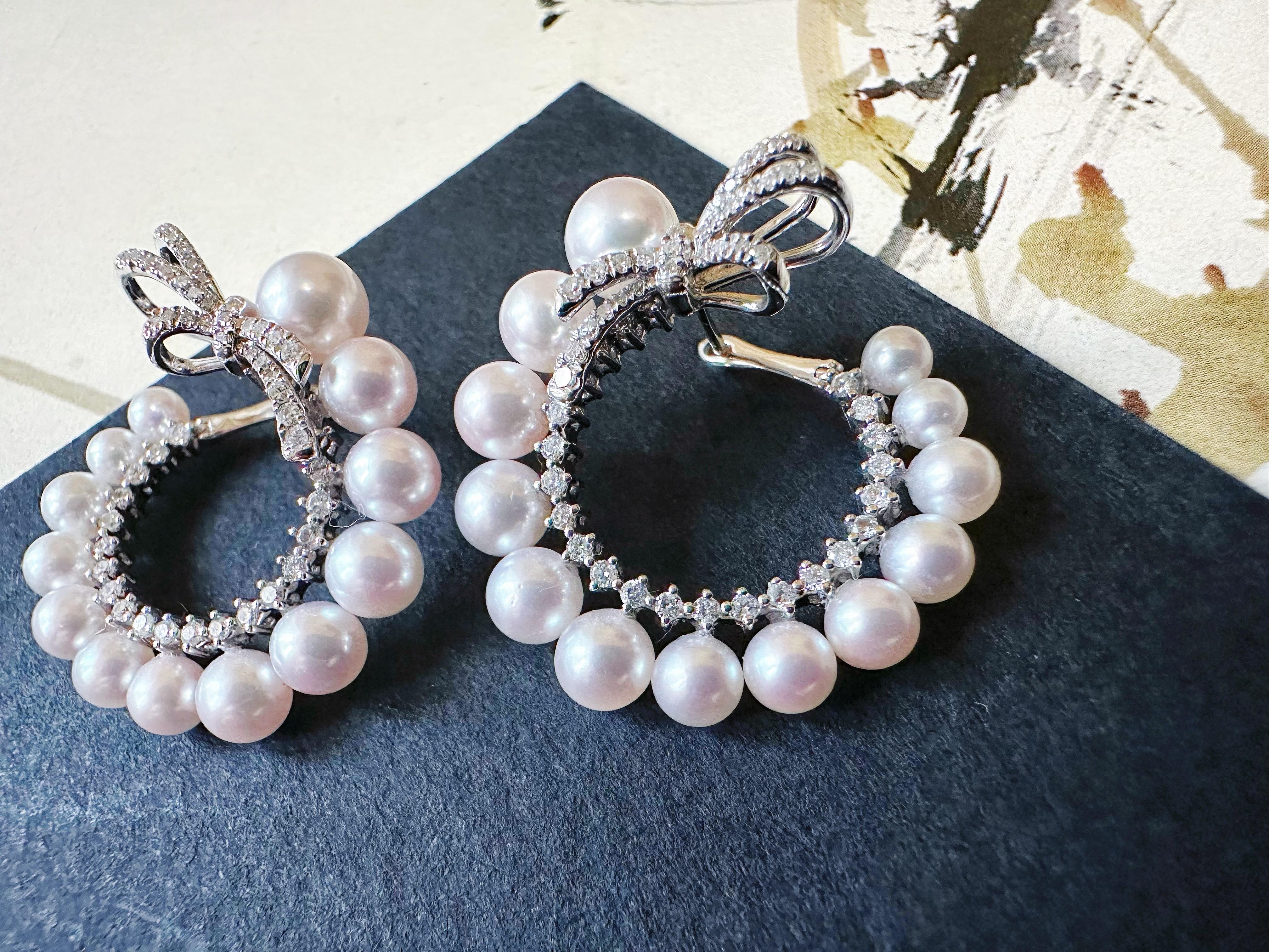 Natural Japan Akoya Pearl Hoop Earrings in 18K White Gold and Diamond For Sale 3