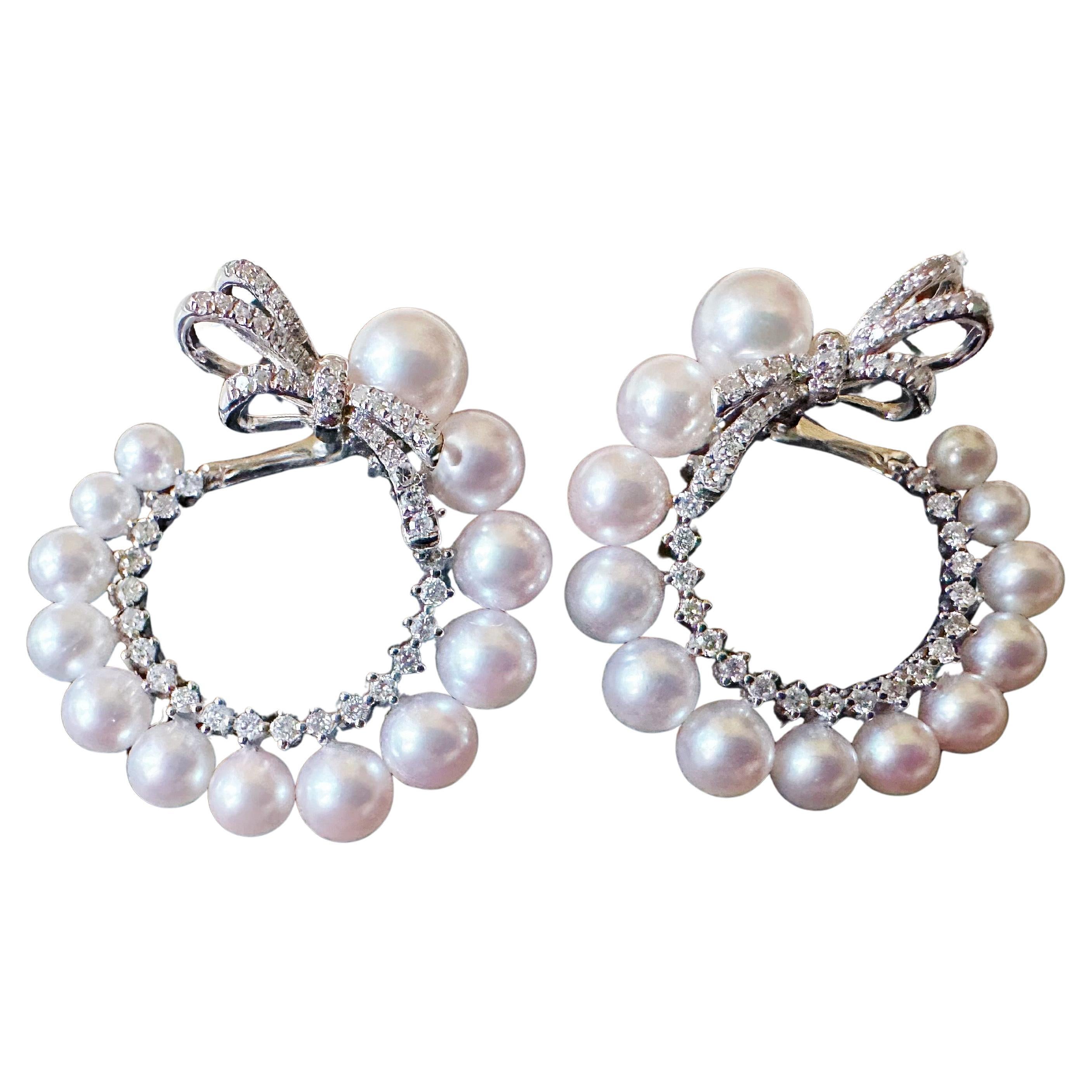 Natural Japan Akoya Pearl Hoop Earrings in 18K White Gold and Diamond For Sale