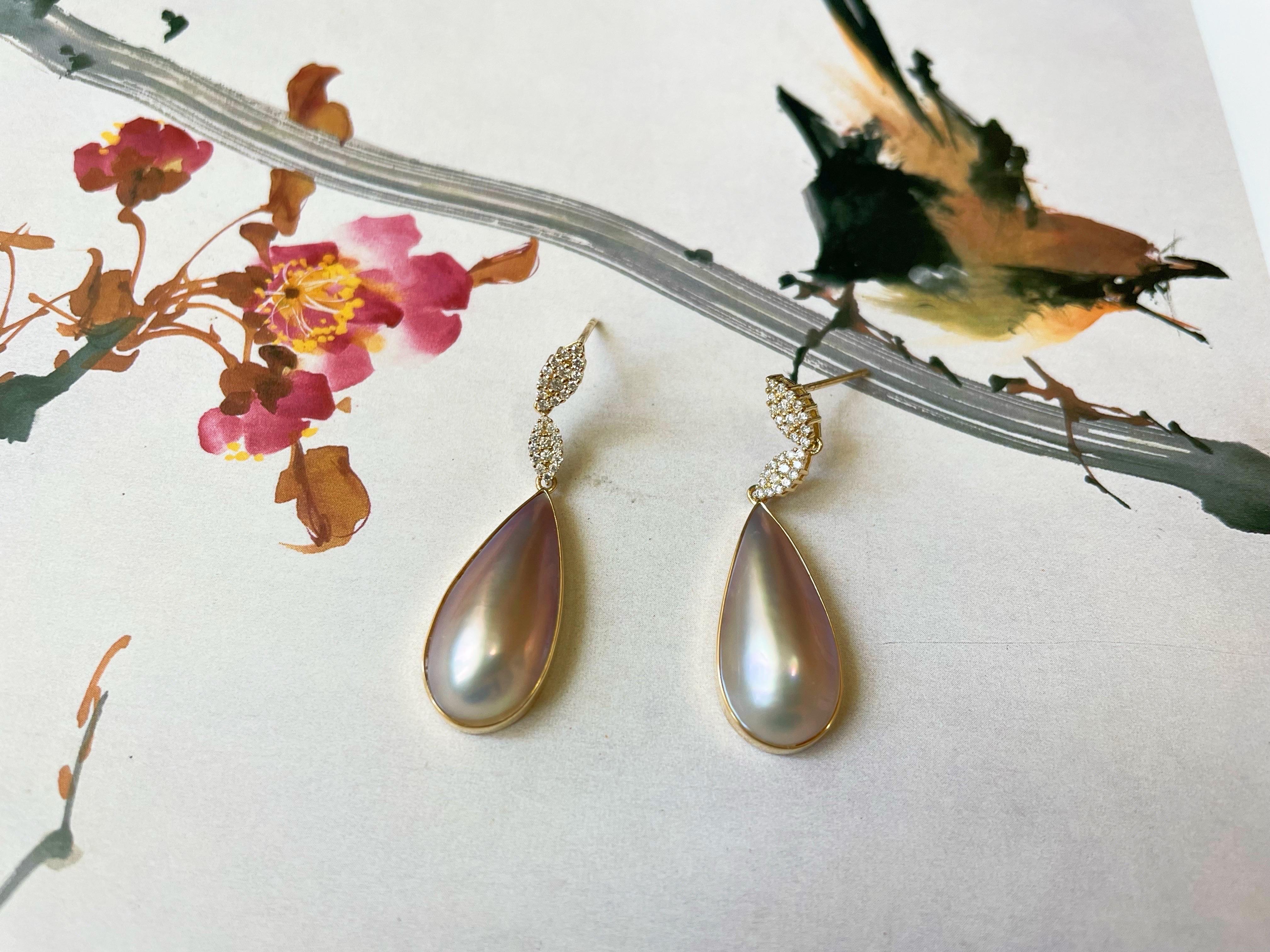 Zertifizierte natürliche Japan Amami Mabe Perlen-Tropfen-Ohrringe aus 18 Karat Gold und Diamanten im Angebot 8