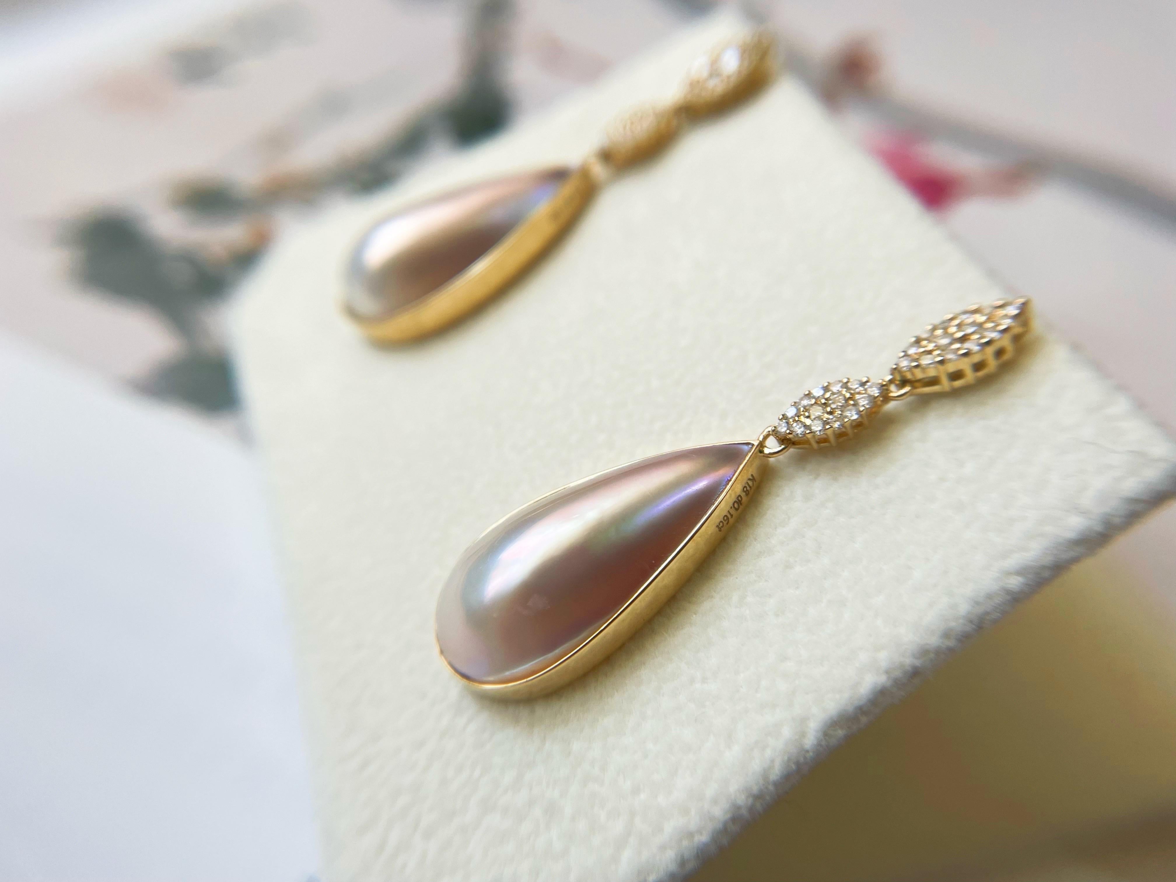 Zertifizierte natürliche Japan Amami Mabe Perlen-Tropfen-Ohrringe aus 18 Karat Gold und Diamanten im Angebot 9