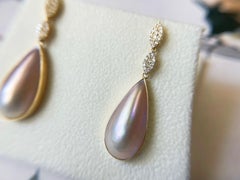Certified Natural Japan Amami Mabe Pearl Drop Earrings in 18K Gold and Diamond