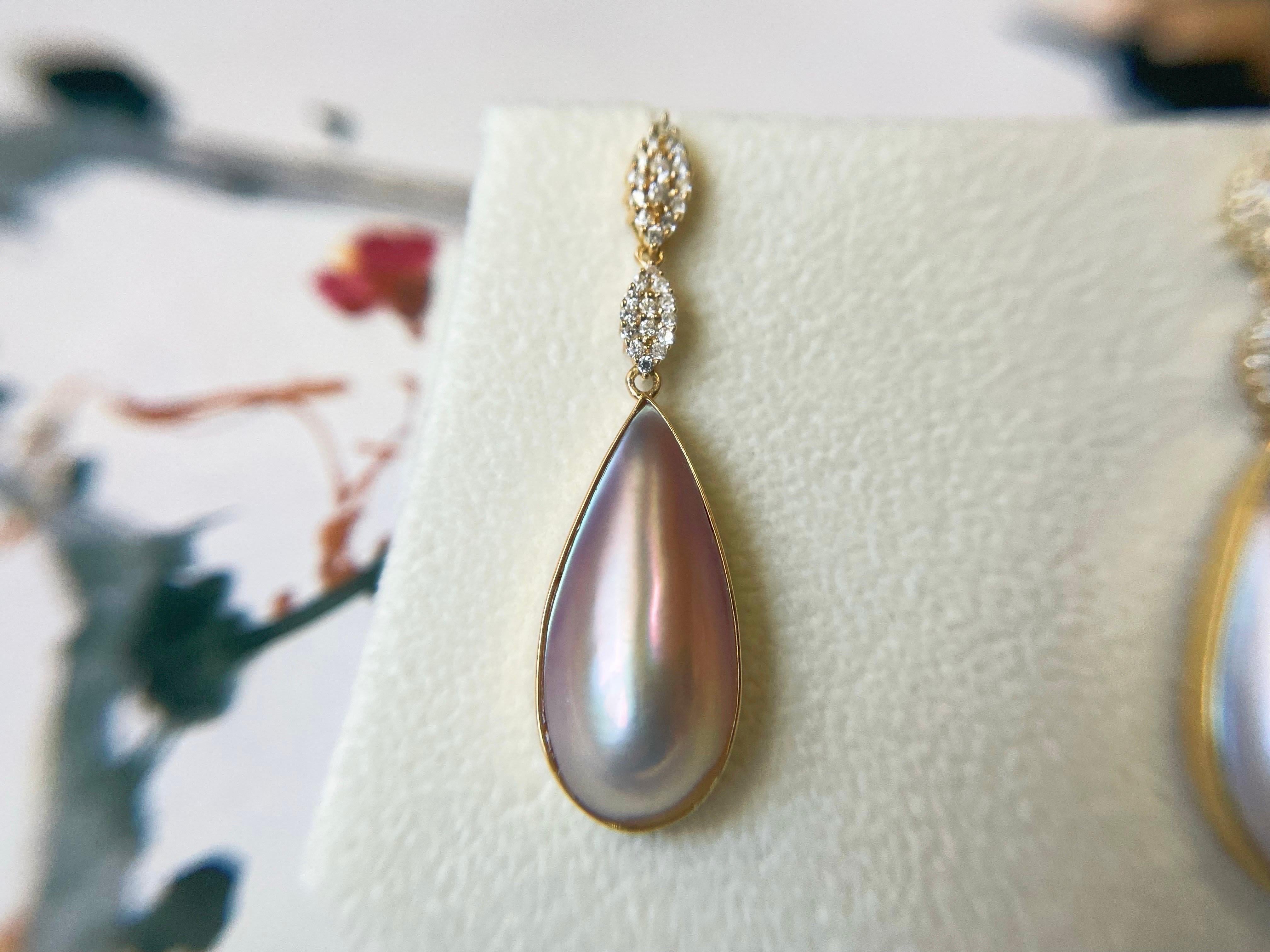 Zertifizierte natürliche Japan Amami Mabe Perlen-Tropfen-Ohrringe aus 18 Karat Gold und Diamanten (Art déco) im Angebot