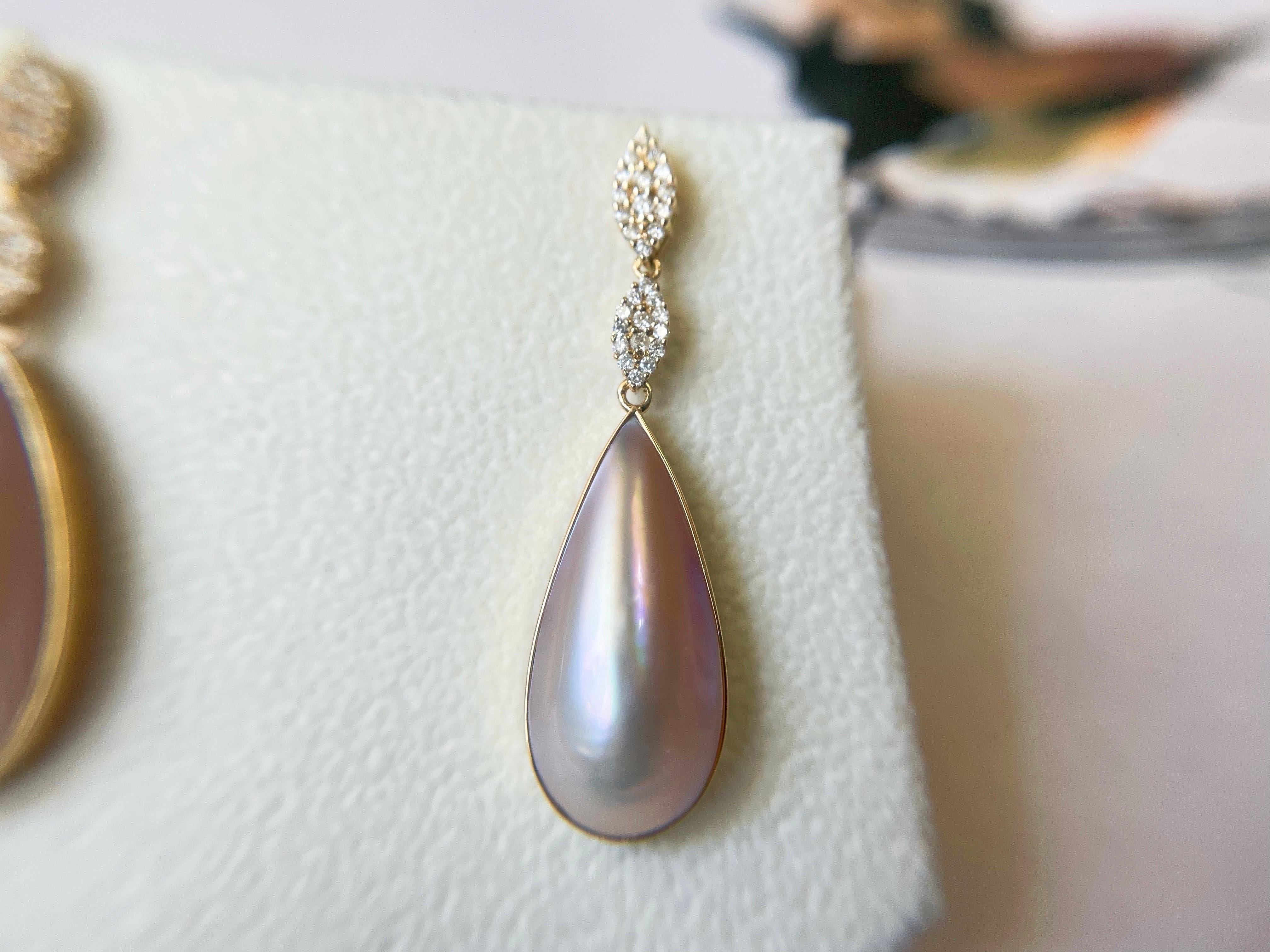 Zertifizierte natürliche Japan Amami Mabe Perlen-Tropfen-Ohrringe aus 18 Karat Gold und Diamanten im Angebot 3