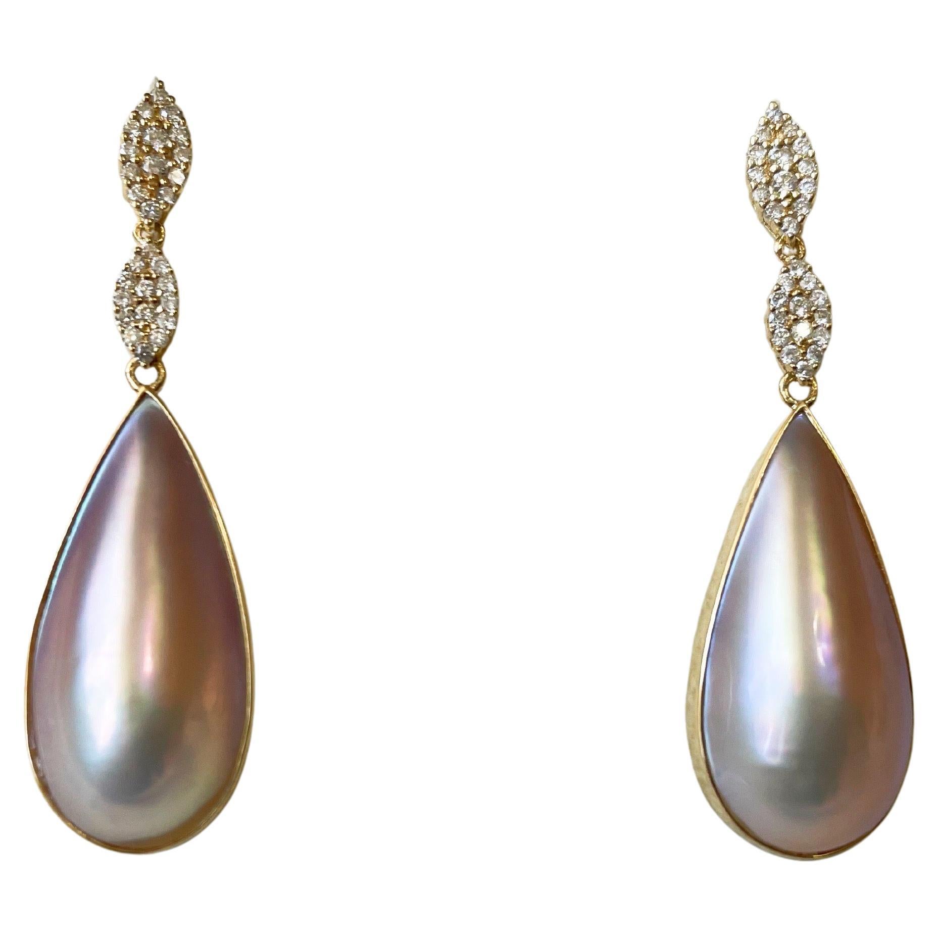 Zertifizierte natürliche Japan Amami Mabe Perlen-Tropfen-Ohrringe aus 18 Karat Gold und Diamanten im Angebot