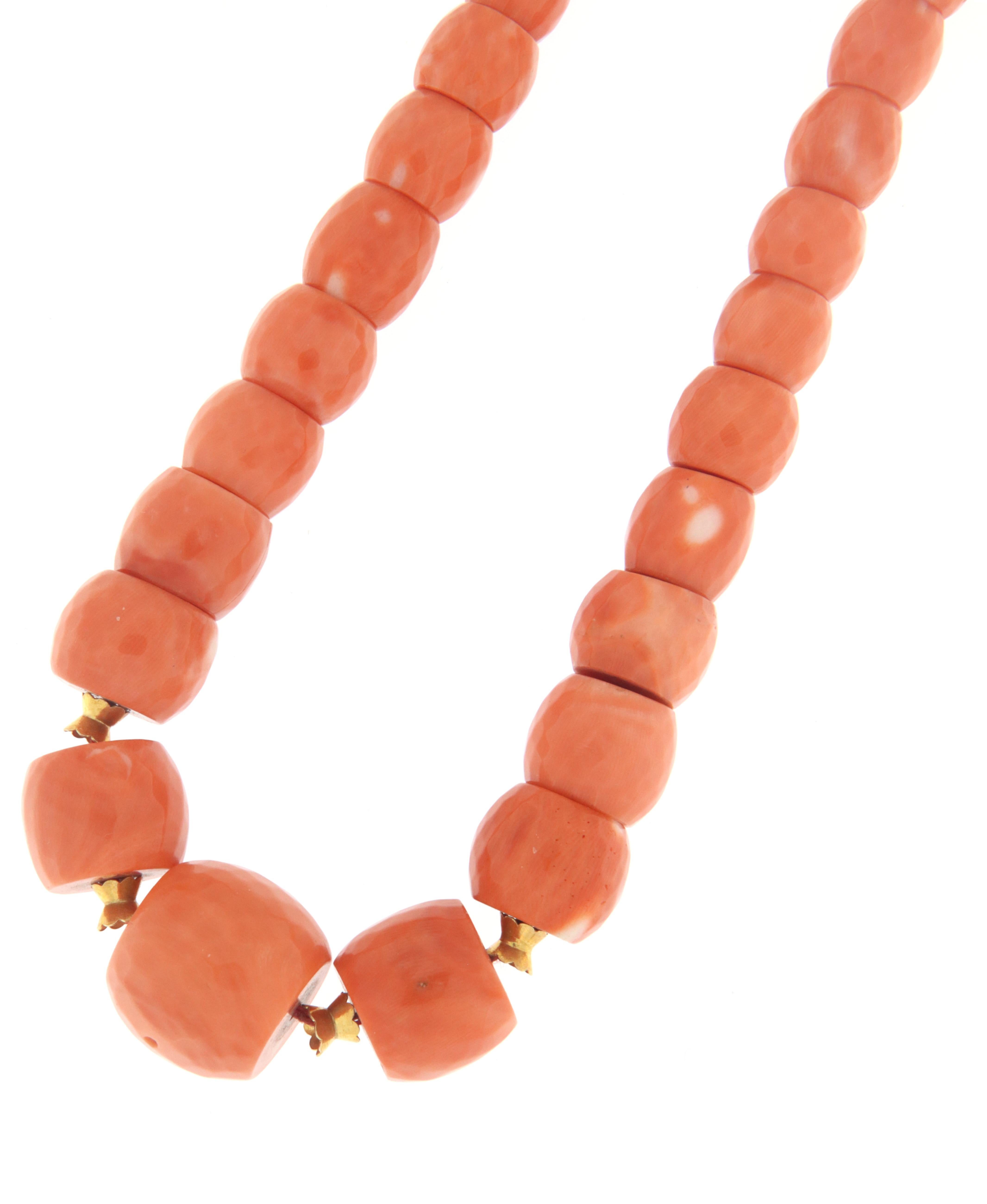 Artisan Natural Japanese Coral 18 Karat Yellow Gold Rope Necklace For Sale
