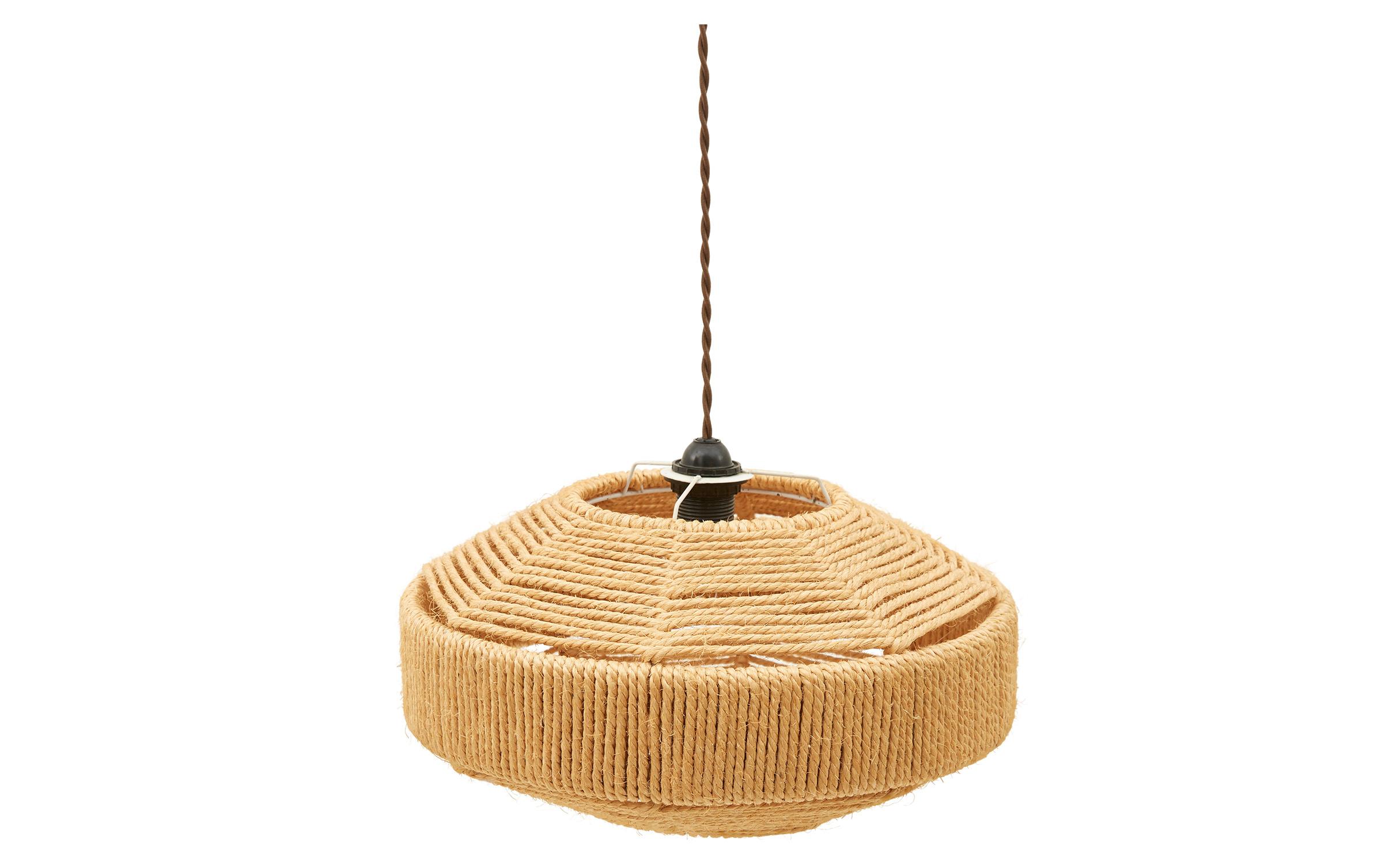 • Wrapped in natural jute rope
• Rewired with brown twisted rayon
• Brass canopy
• 20th century
• Spain

Dimensions
• 16